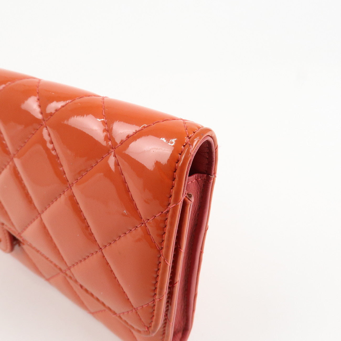 CHANEL Matelasse Patent Leather Long Wallet Card Case Pouch Orange Used