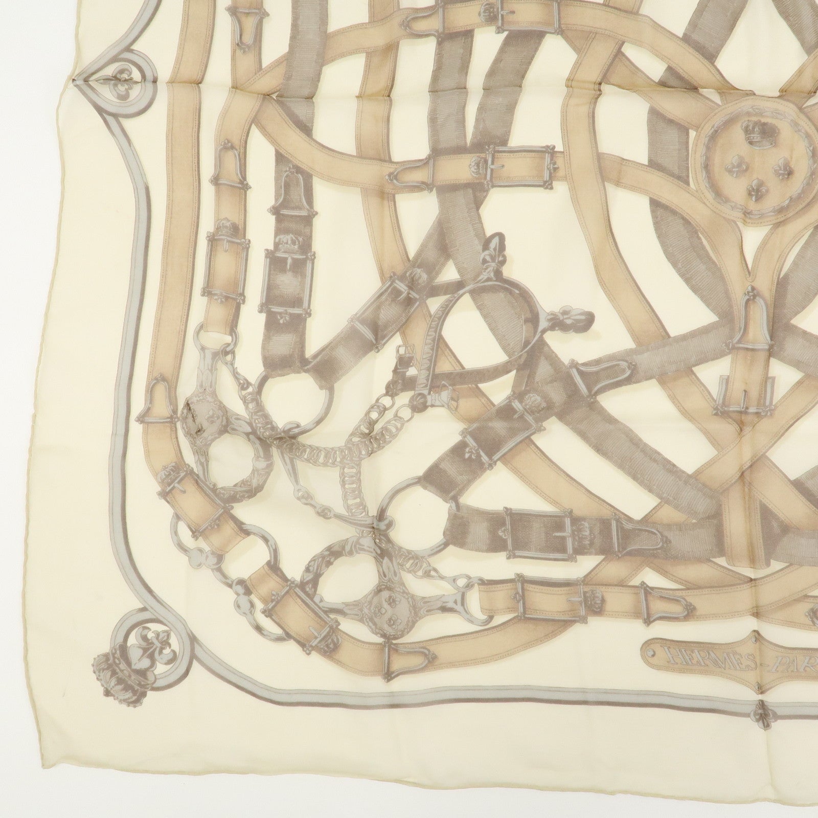 HERMES Carre 90 Silk 100% Scarf CAVALCADOUR Ivory Brown