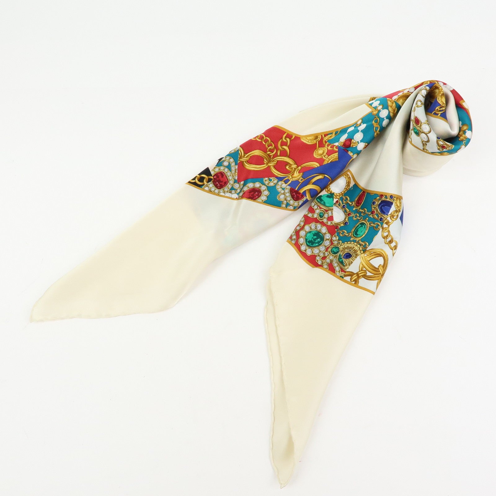 CHANEL COCO Mark Silk 100% Scarf Jewelry Motif Ivory Green