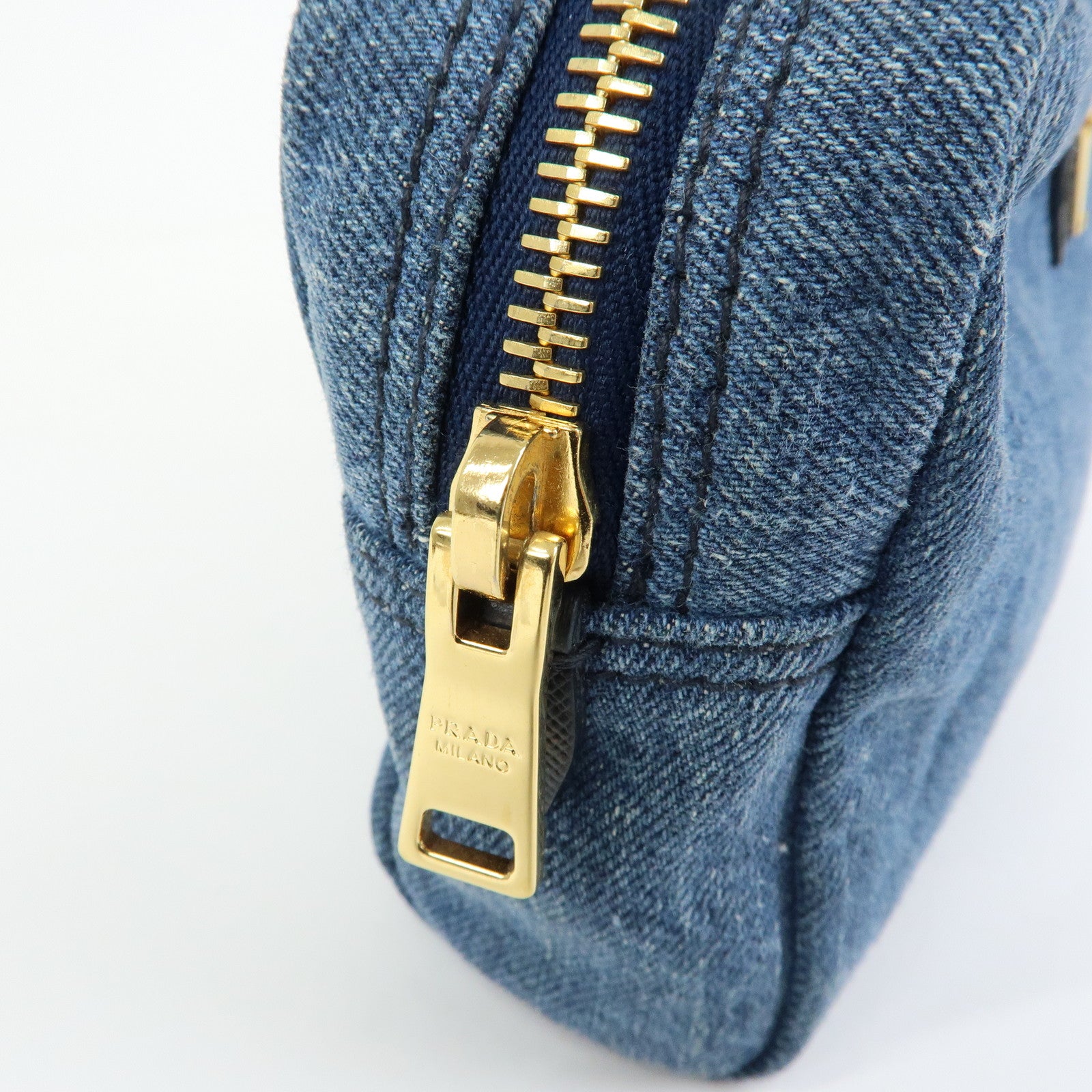 PRADA Triangle Logo Denim Cosmetic Pouch Accessory Pouch Blue