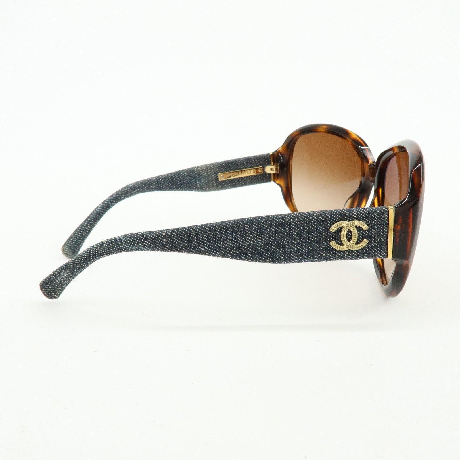 CHANEL COCO Mark Plastic Denim Sunglasses 59□16 Brown Black 5163-A
