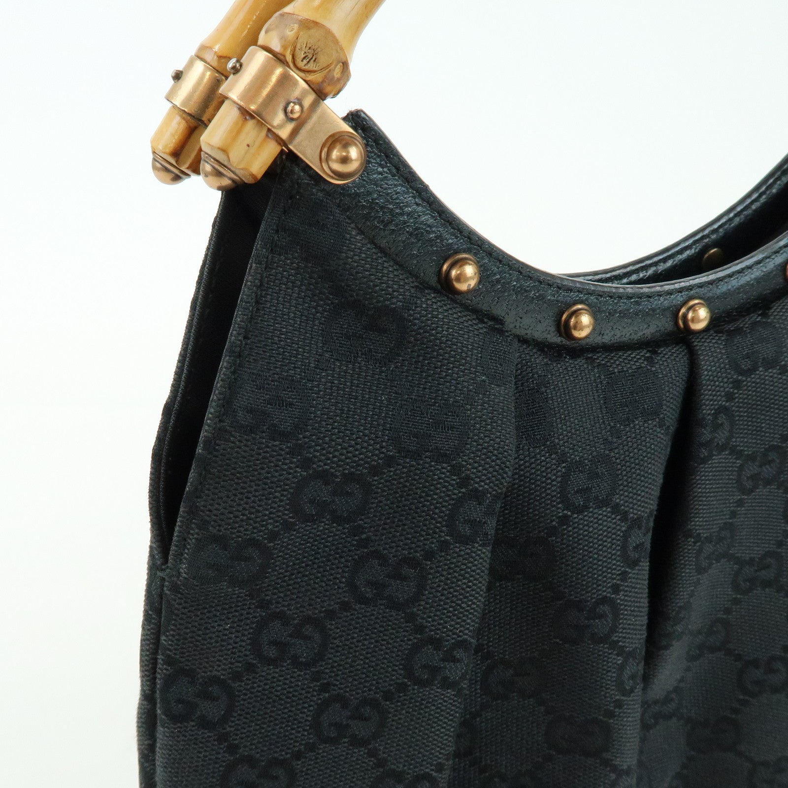 GUCCI Bamboo GG Canvas Leather Hand Bag Shoulder Bag Black 124297