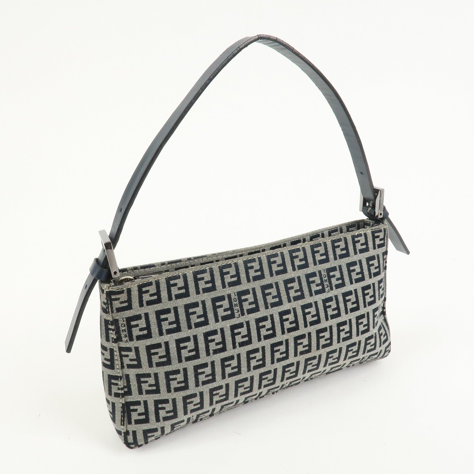 FENDI Zucchino Canvas Leather Shoulder Bag Hand Bag Navy 8BR042