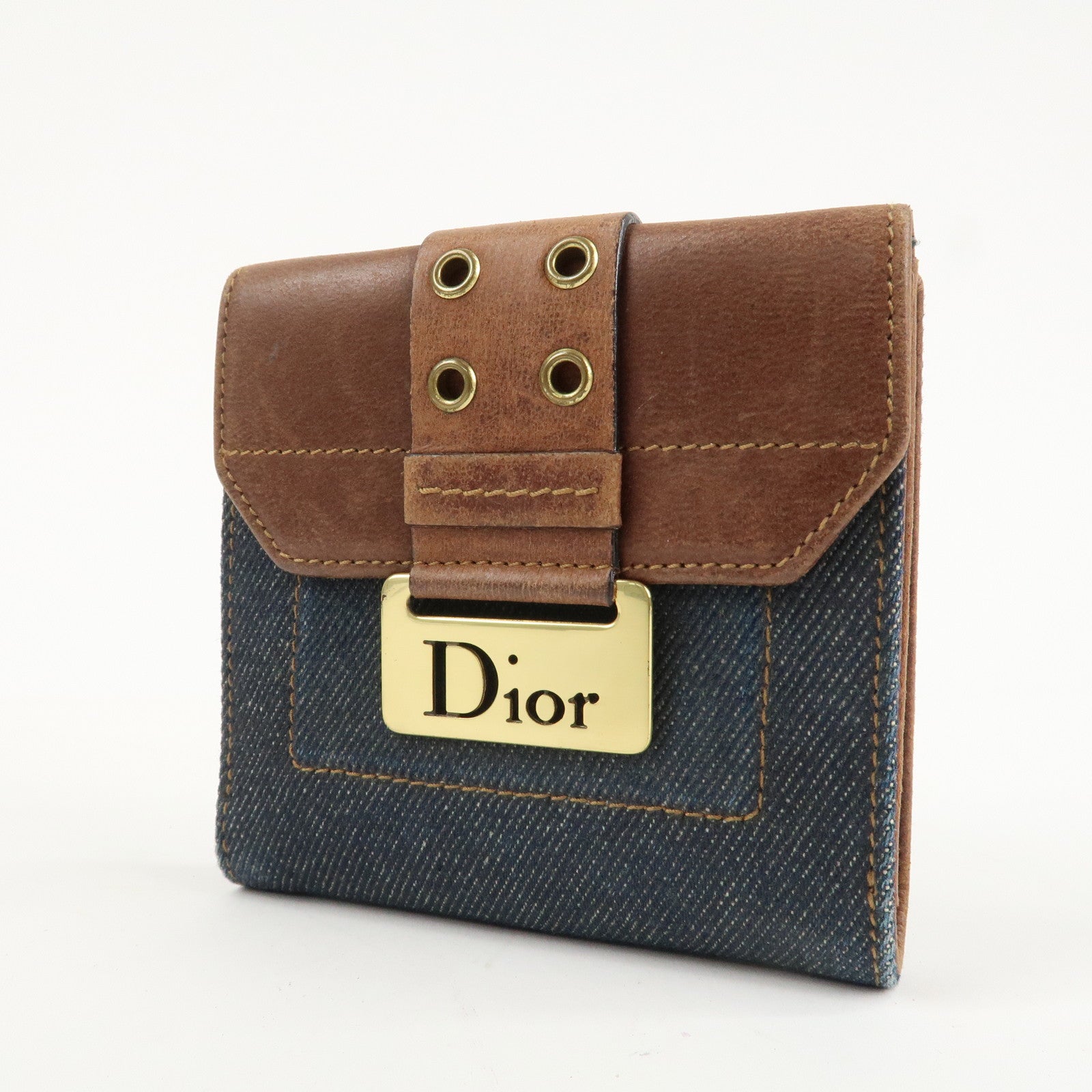 Christian Dior Leather Denim Bi-fold Compact Wallet 46BM-0024 Used