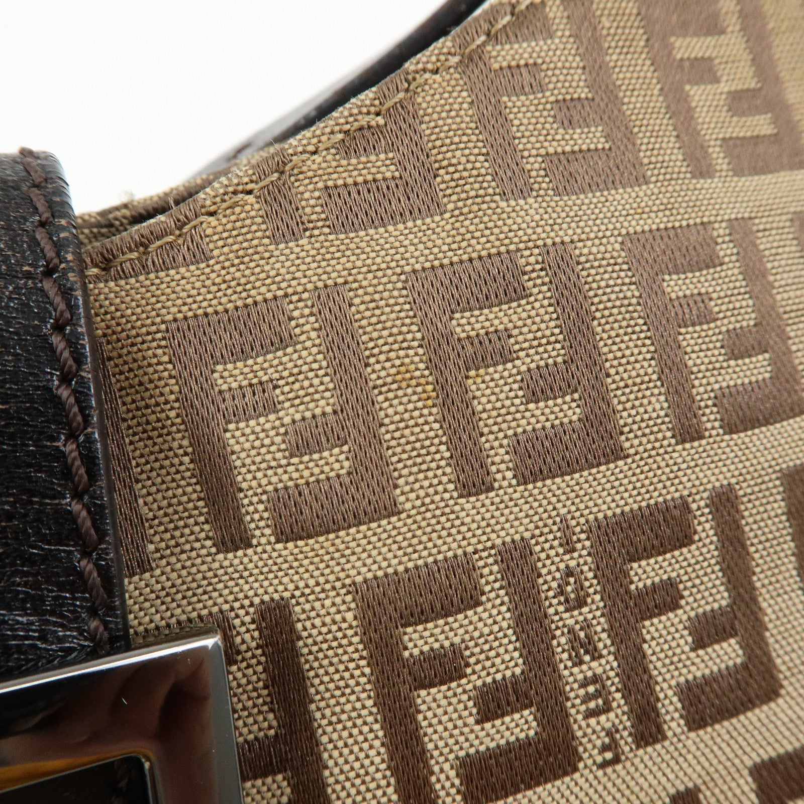 FENDI Zucchino Canvas Leather Shoulder Bag Brown 8BR036