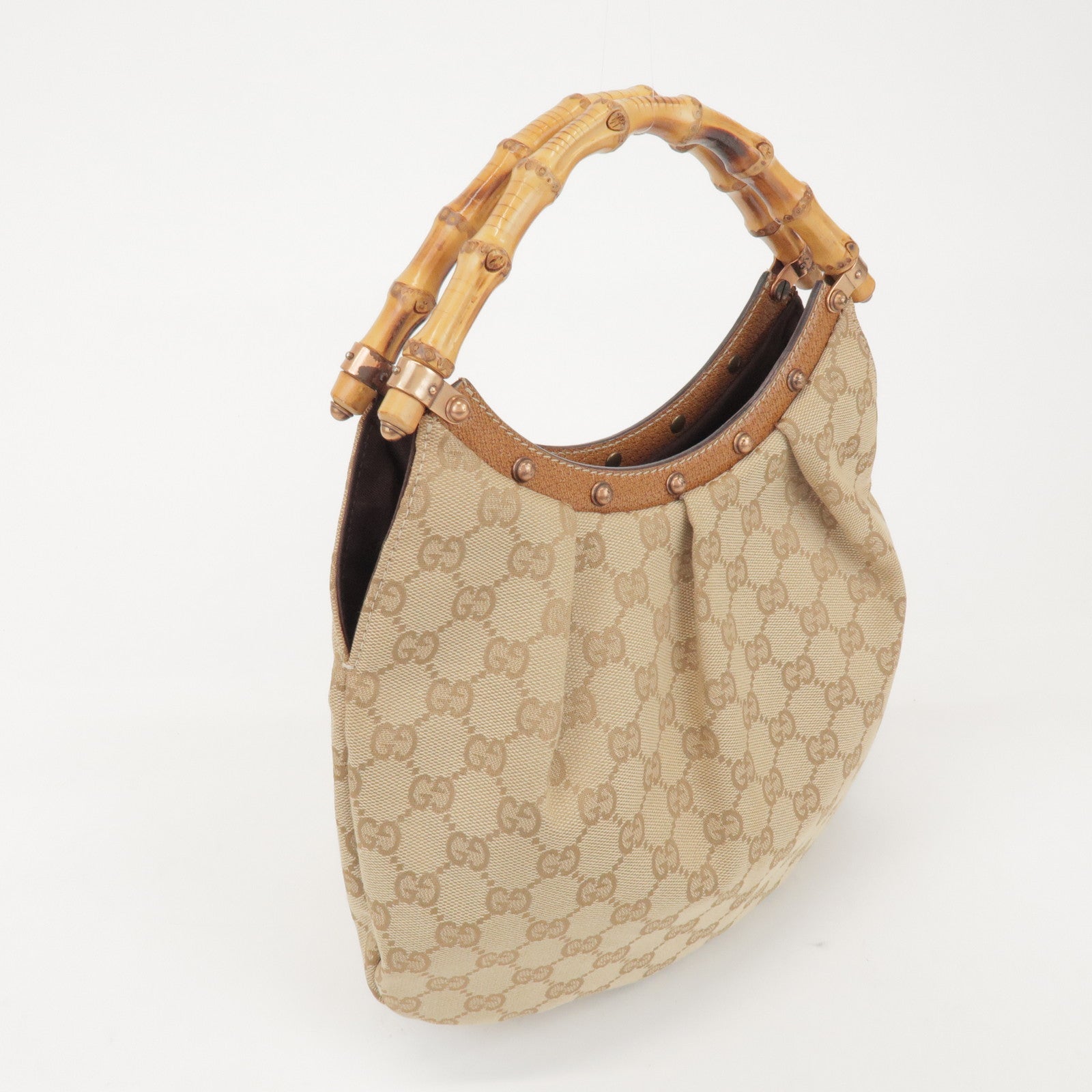 GUCCI Bamboo GG Canvas Leather Hand Bag Beige 124297