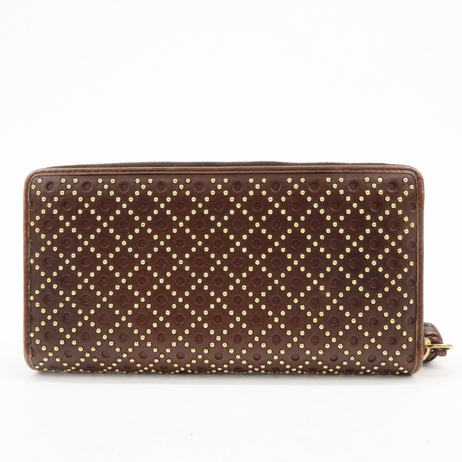 GUCCI Leather Round Zippy Long Wallet Studs Brown Gold 264733