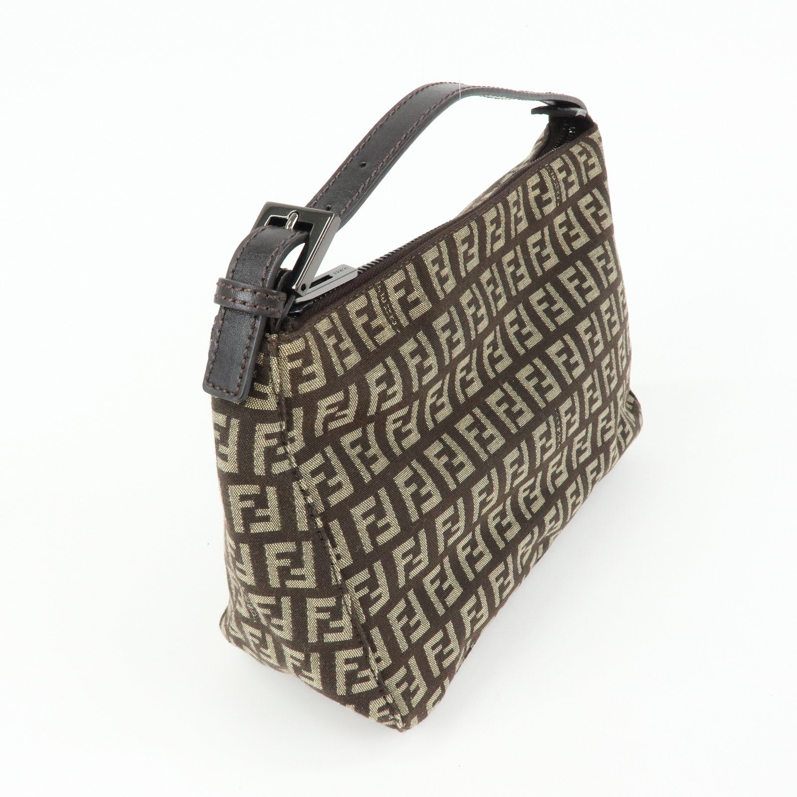 FENDI Zucchino Canvas Leather Hand Bag Pouch Brown 8N0005
