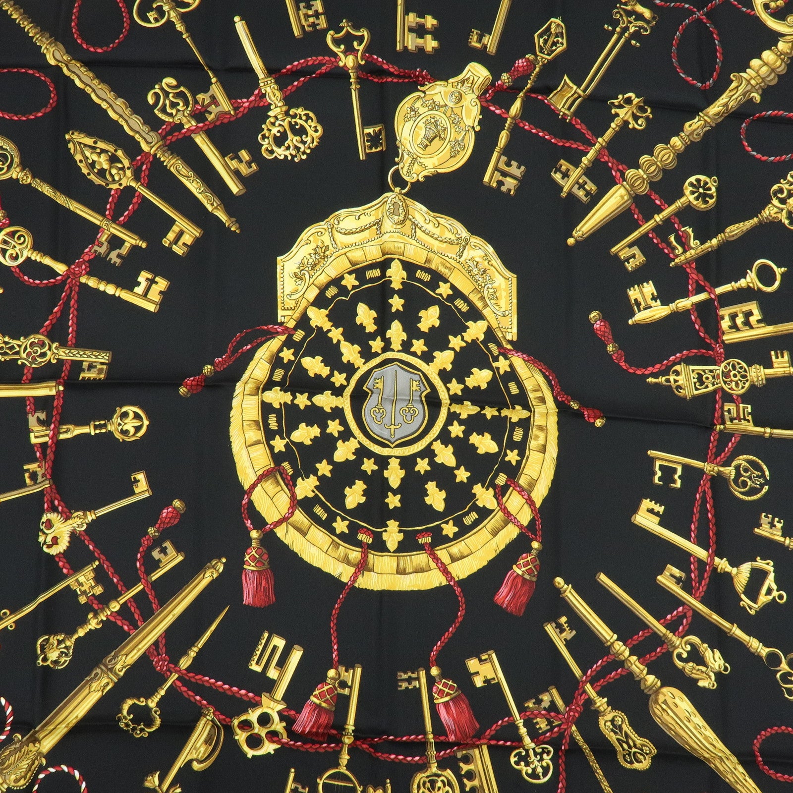 HERMES Carre 90 Silk 100% Scarf LES CLES THE KEYS RARE Black