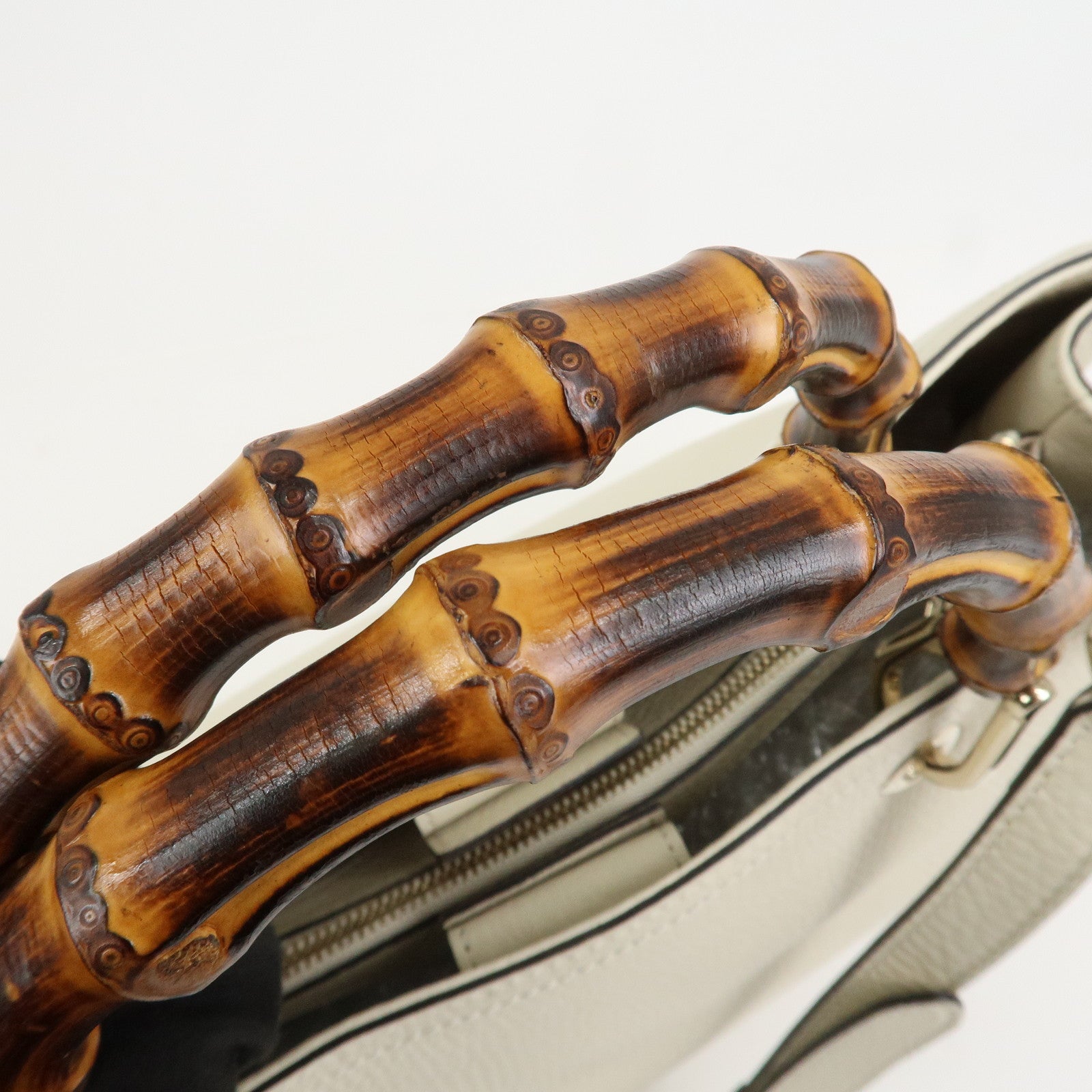 GUCCI Bamboo Leather Shopper Medium 2Way Shoulder Bag Ivory 323660