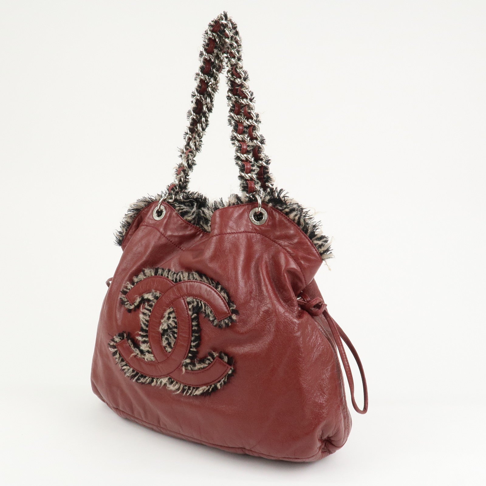 CHANEL Leather Tweed Chain Shoulder Tote Bag Bordeaux A49559