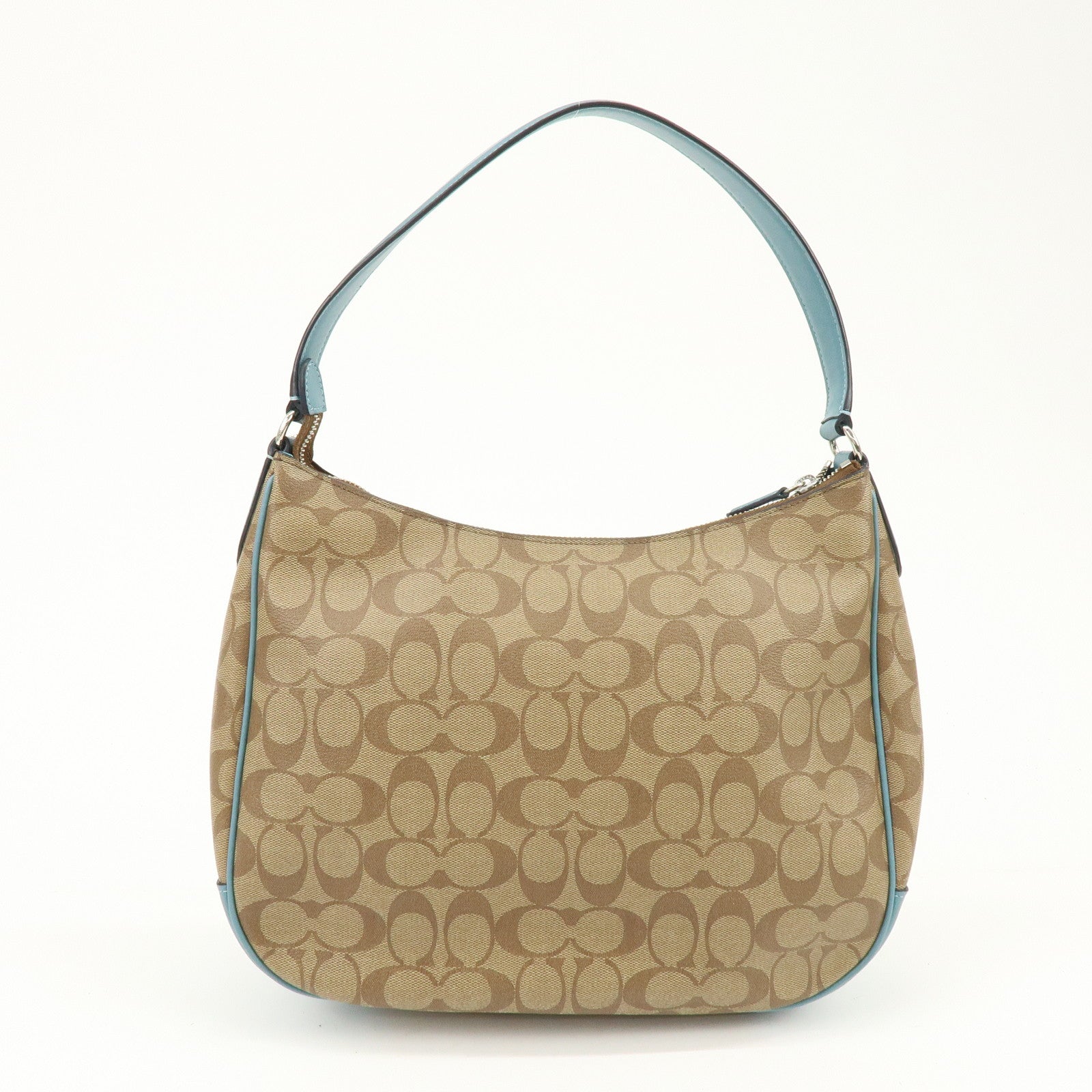 COACH Signature PVC Coated Canvas Leather Shoulder Bag Beige Blue