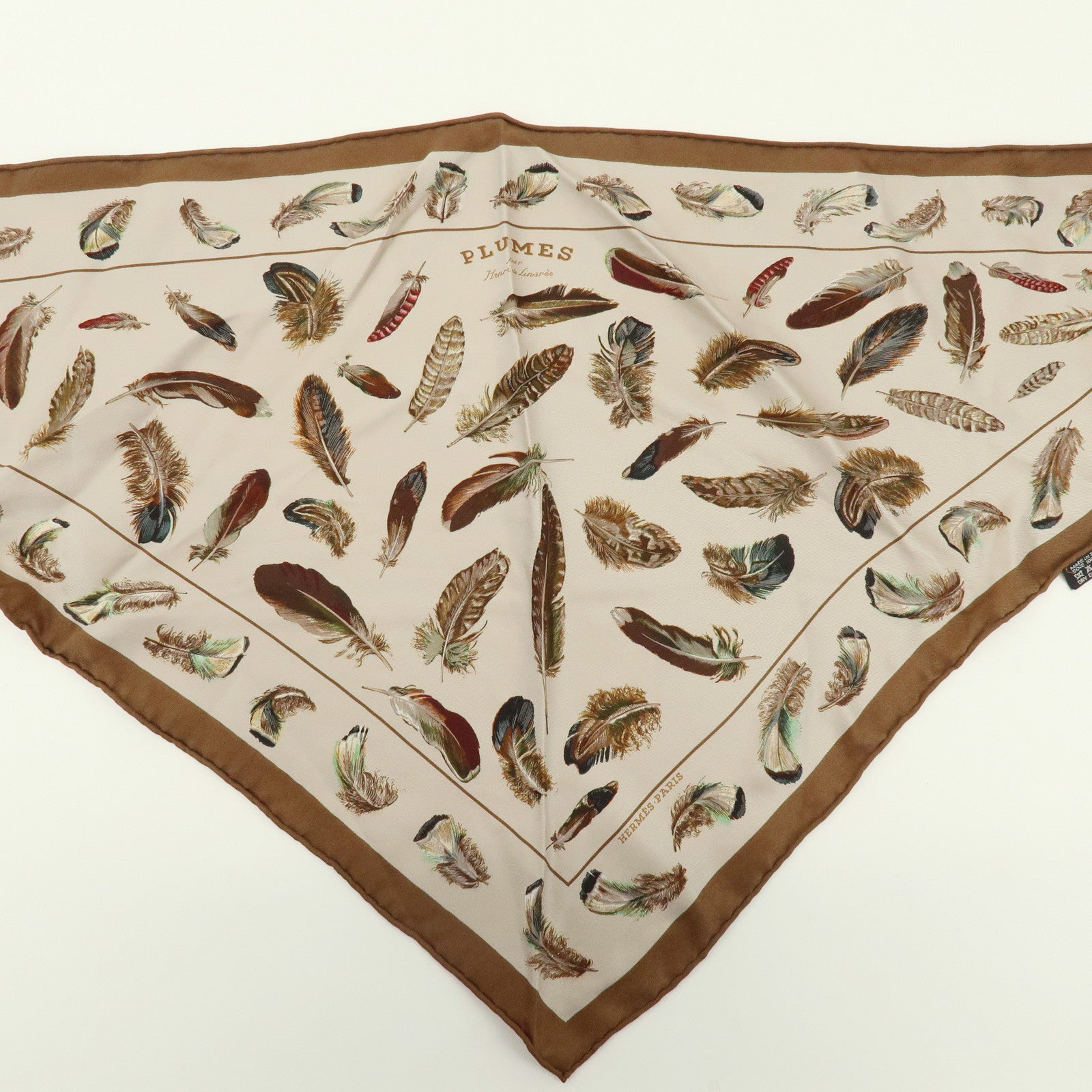 HERMES Pointu Silk 100% Scarf PLUMES Feather Print Brown Beige