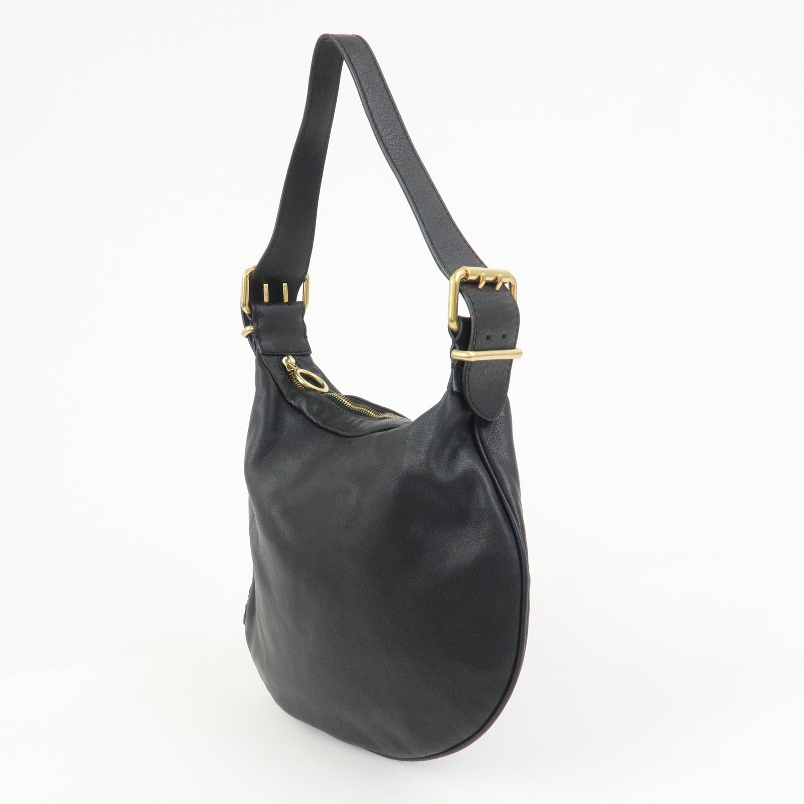 FENDI Logo Leather Shoulder Bag Hand Bag Black 8BR228