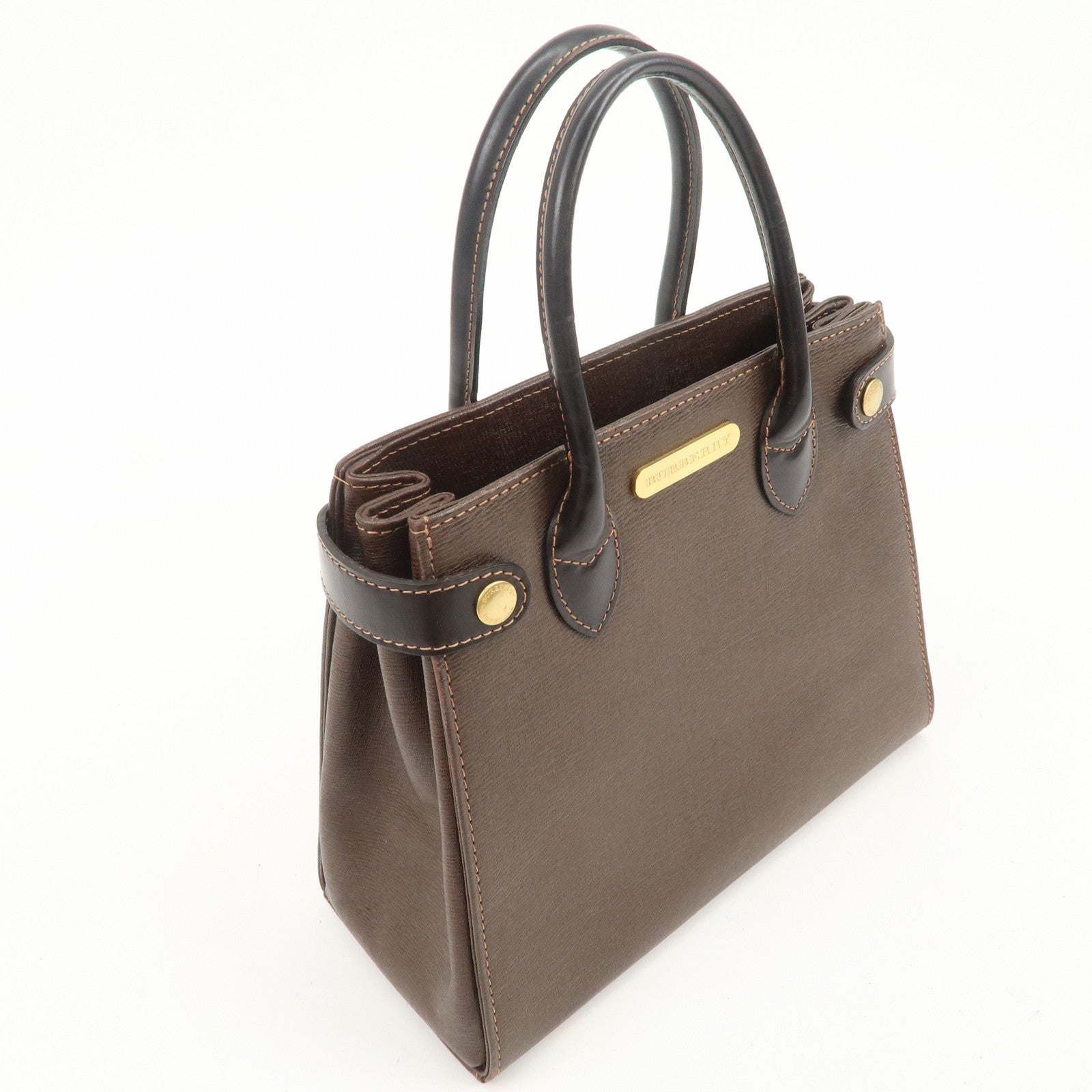 BURBERRY Leather Hand Bag Tote Bag Brown Gold