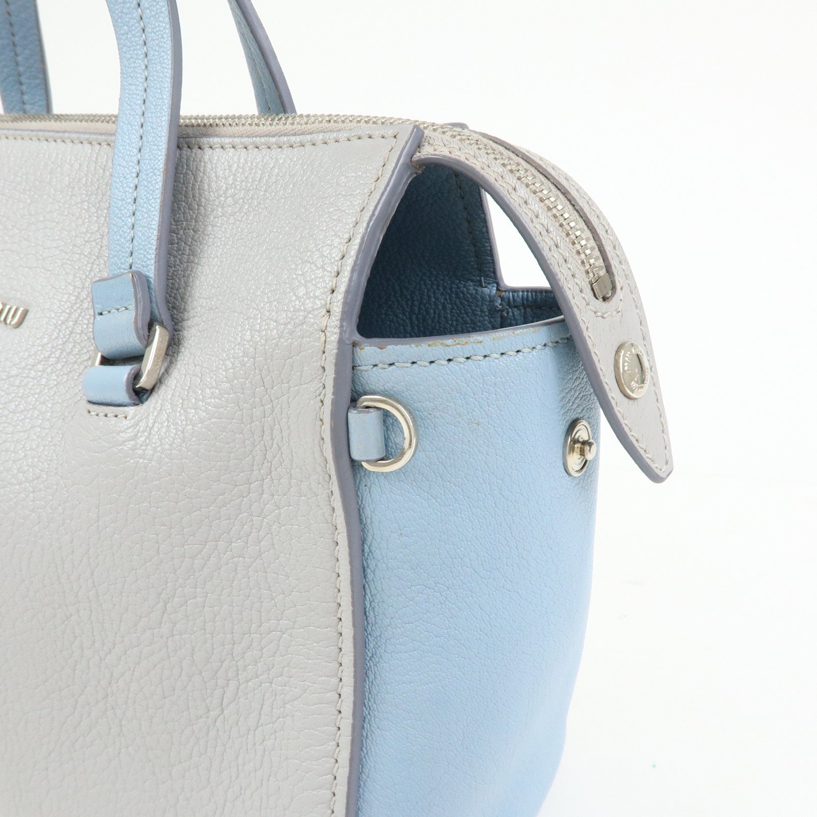 MIU MIU Madras Leather 2Way Bag Hand Bag Gray Light Blue 5BB006