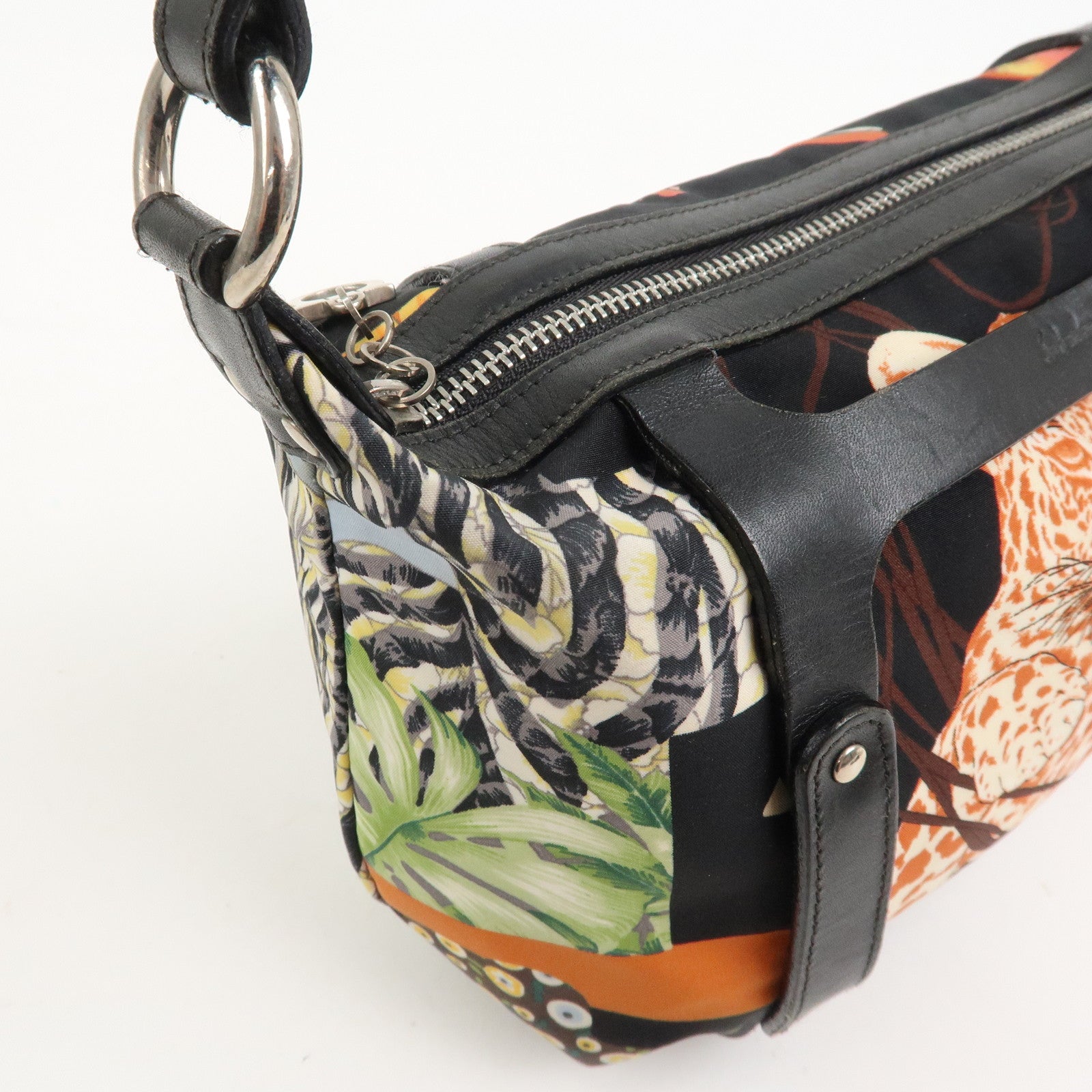 Ferragamo Nylon Leather Mini Hand Bag Shoulder Bag Animal Black