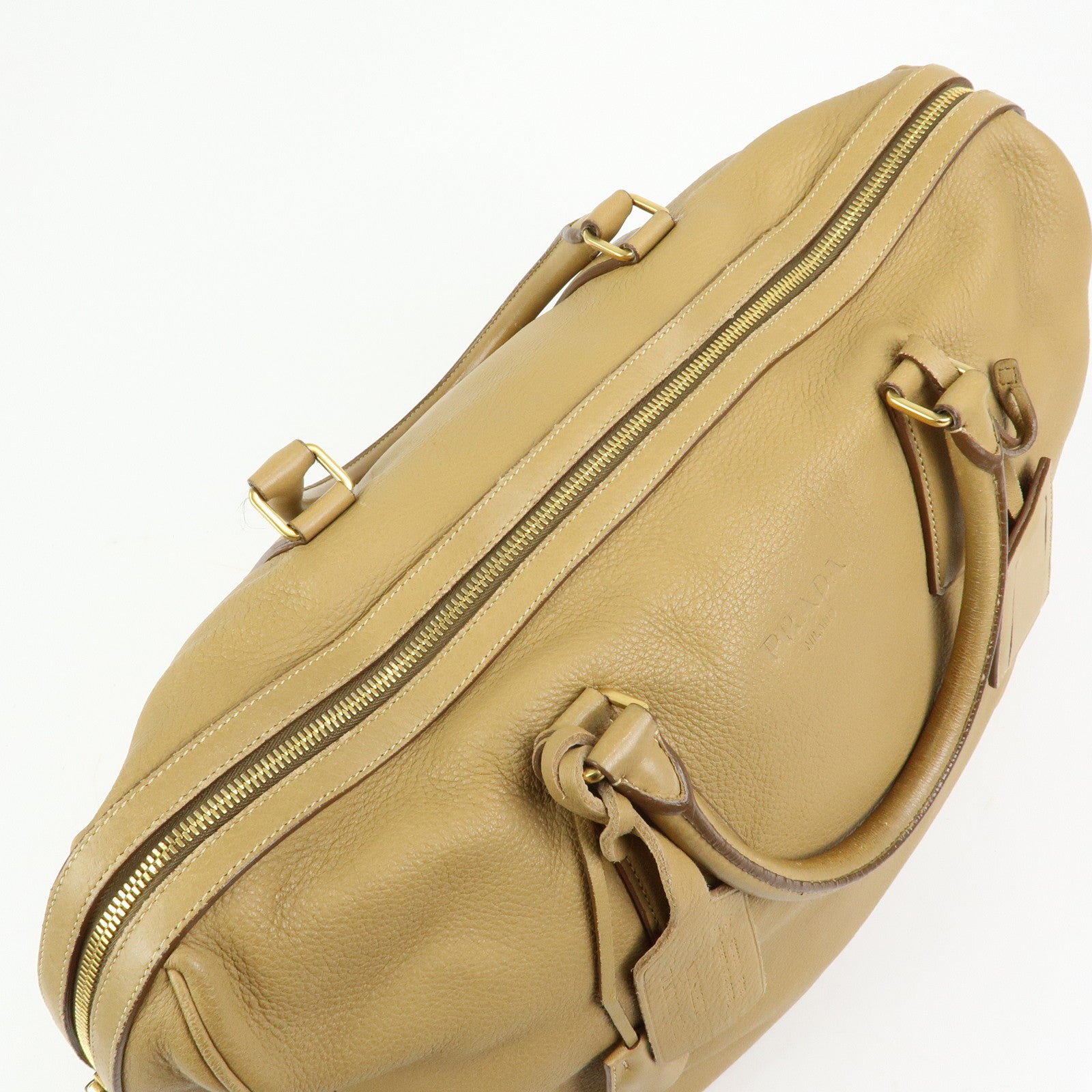 PRADA Logo Leather Boston Bag Hand Bag Travel Bag Brown