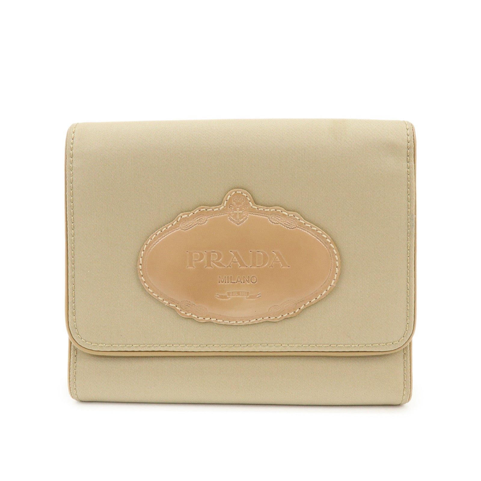 PRADA Logo Nylon Leather Compact Trifold Wallet Beige 1M0170