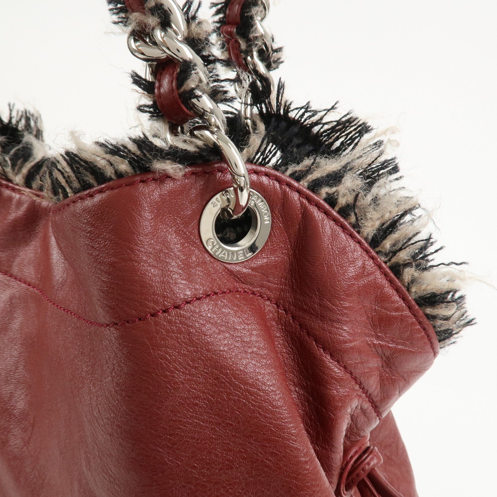 CHANEL Leather Tweed Chain Shoulder Tote Bag Bordeaux A49559