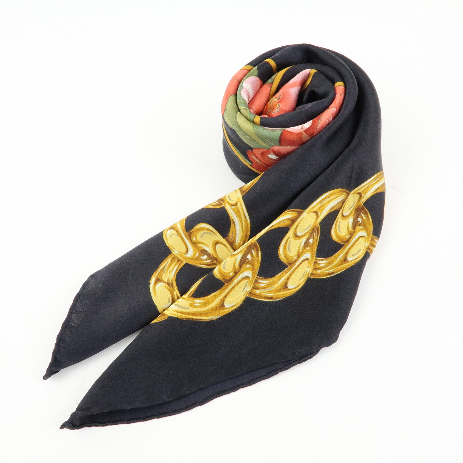 CHANEL COCO Mark Silk 100% Scarf Floral Motif Black Gold