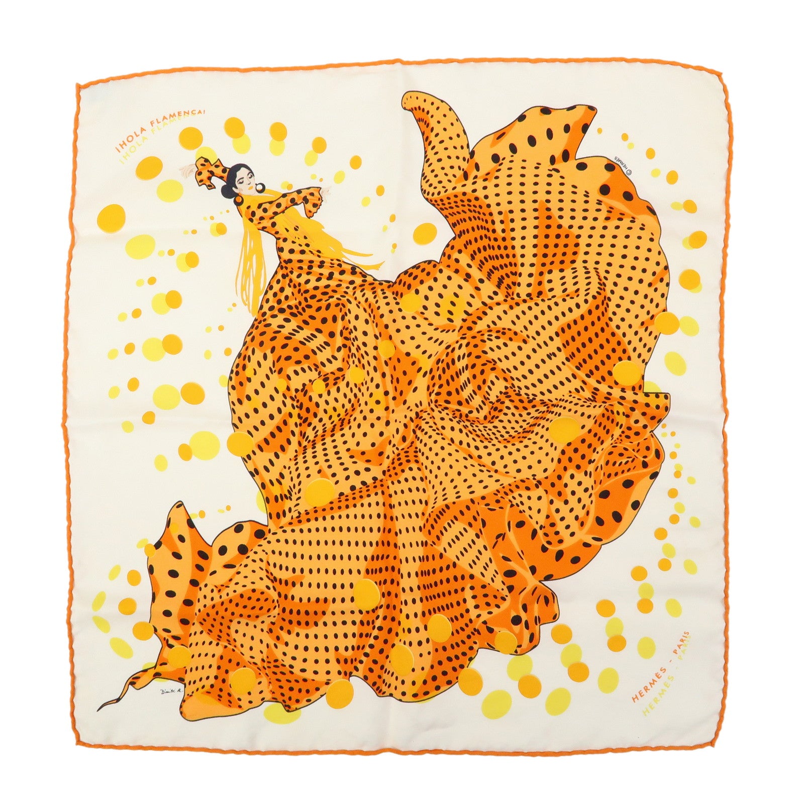 HERMES Carre 45 Silk 100% Scarf iHOLA FLAMENCA! Orange White