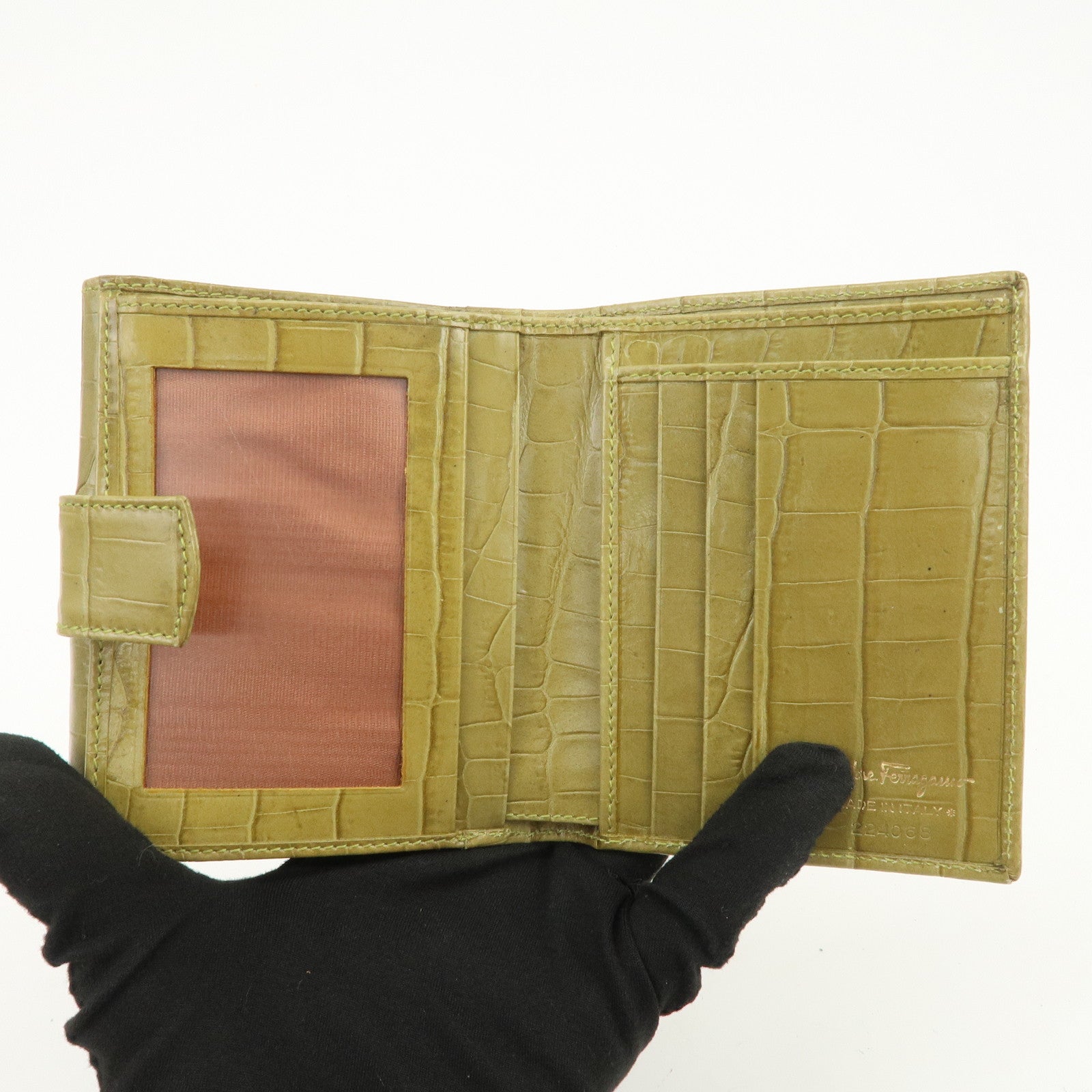 Ferragamo Vara Logo Embossed Leather Compact Wallet Light Green