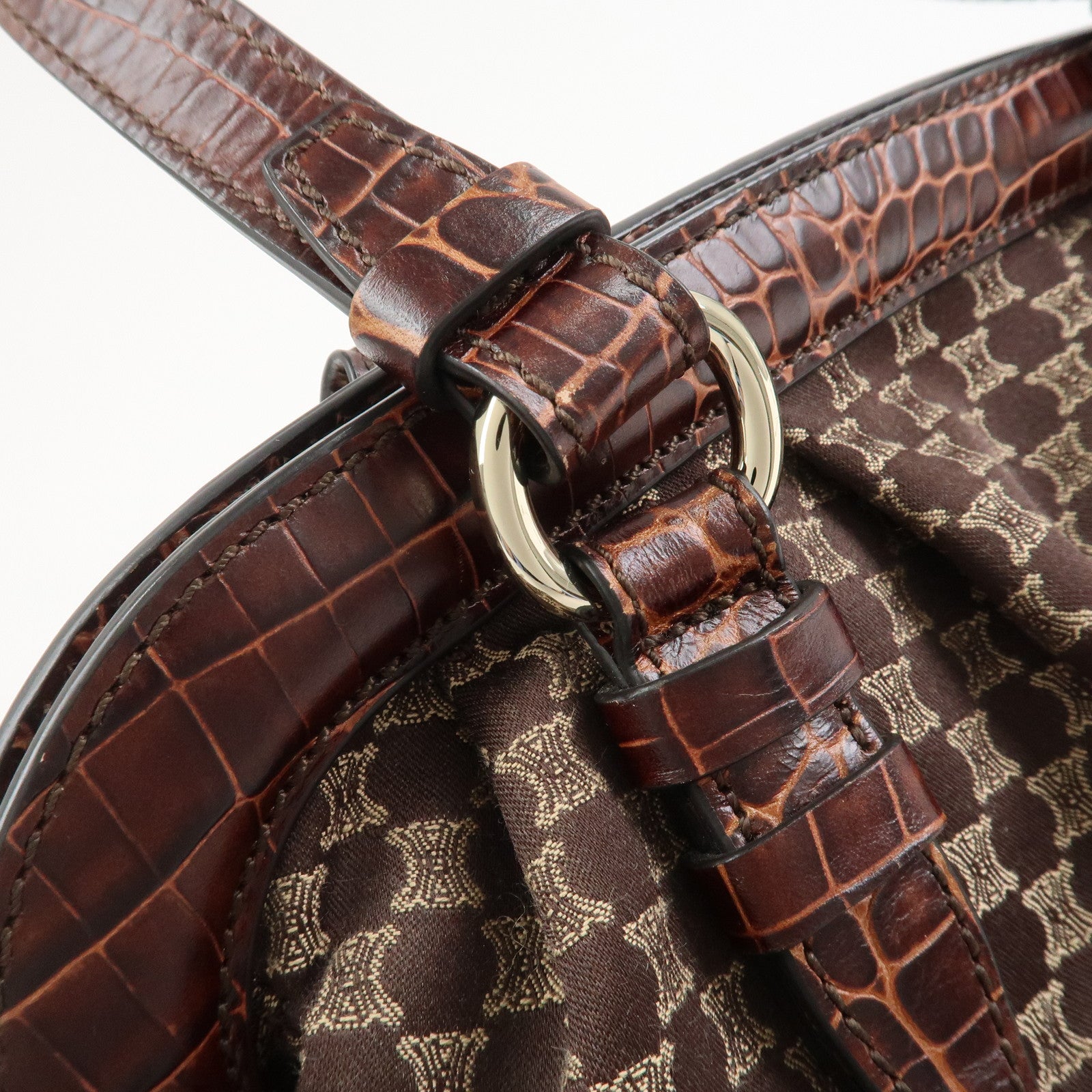 CELINE Macadam Canvas Embossed Leather Shoulder Bag Hand Bag Brown