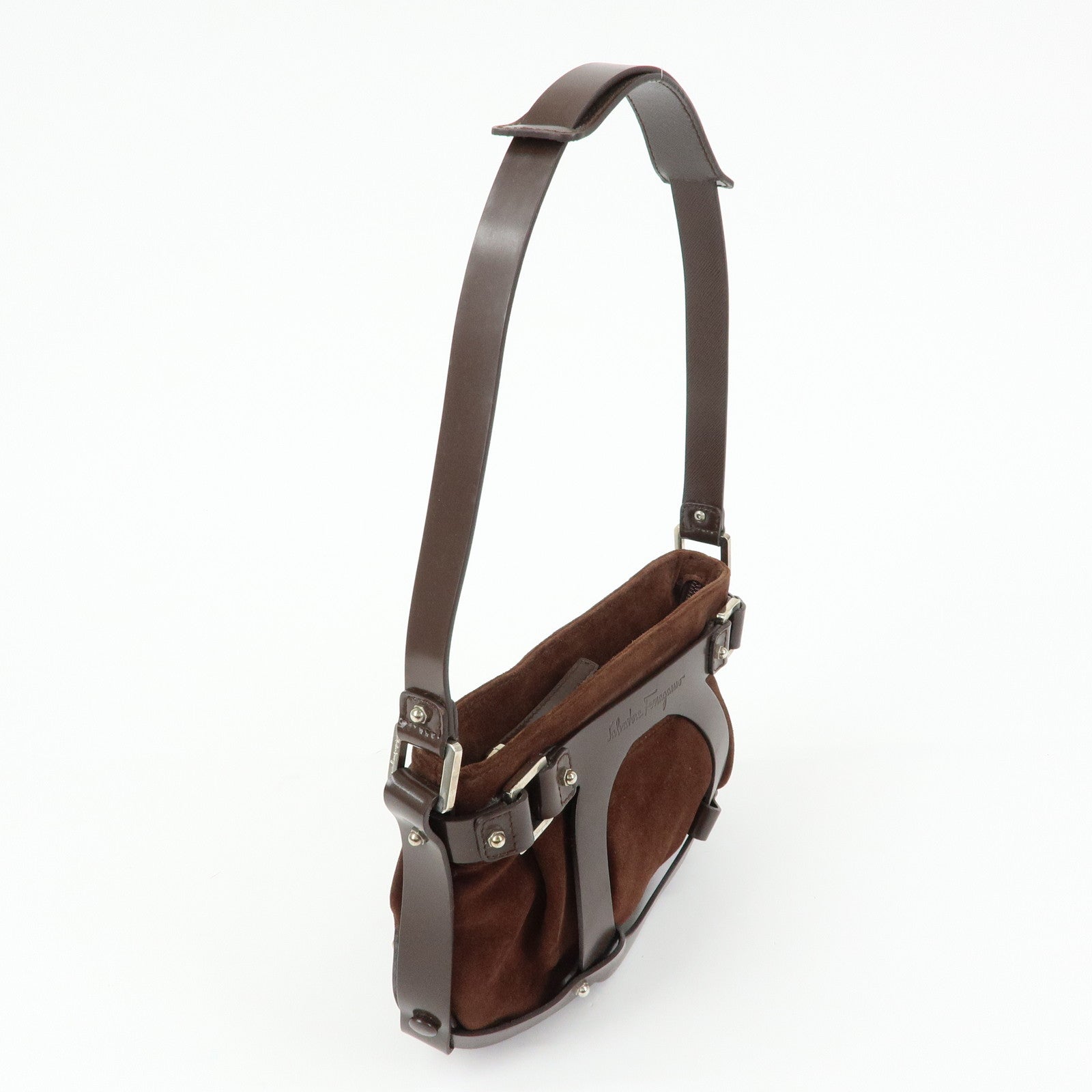 Ferragamo Gancini Suede Leather Hand Bag Shoulder Bag Dark Brown