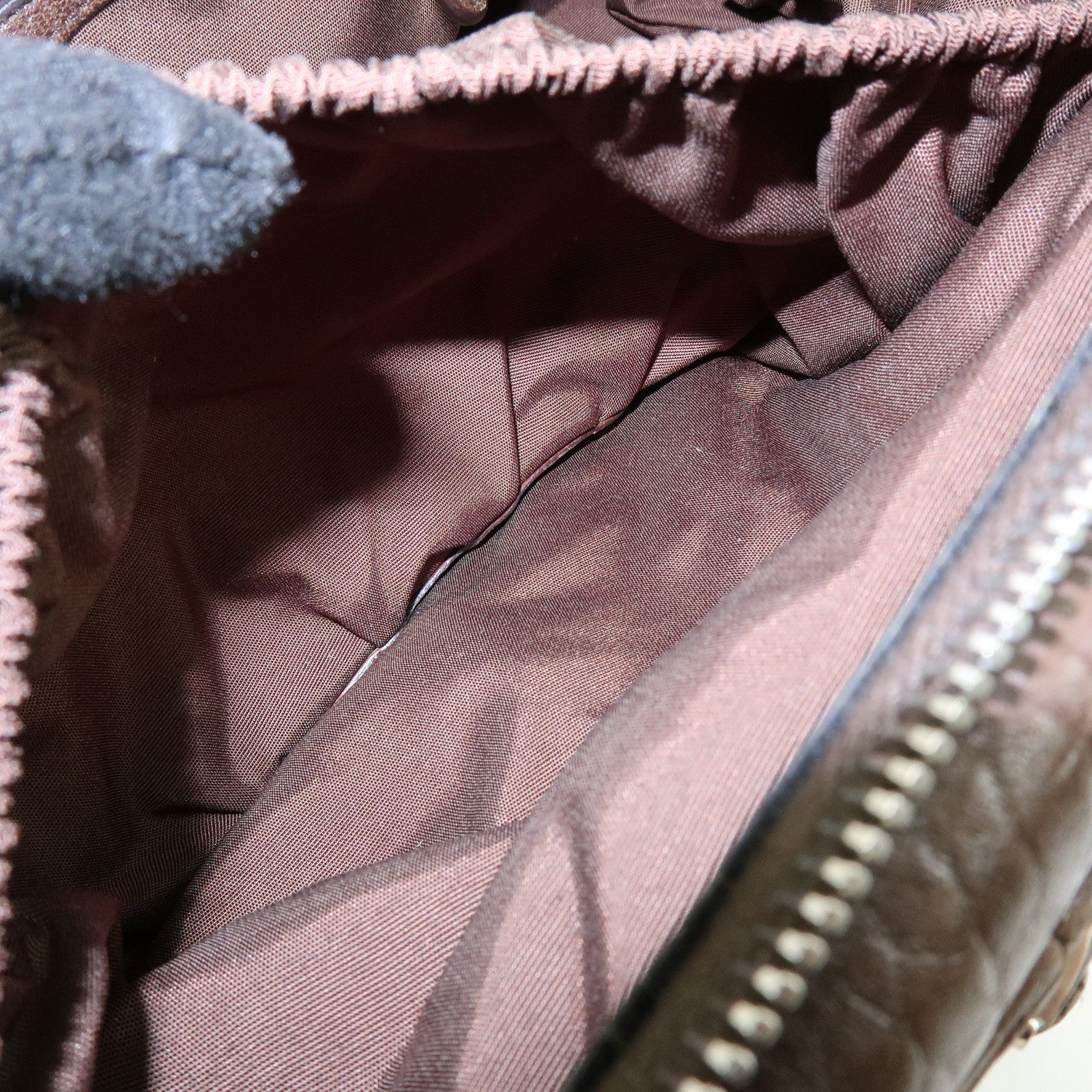 Christian Dior Embossed Gathered Leather Boston Bag Hand Bag Brown