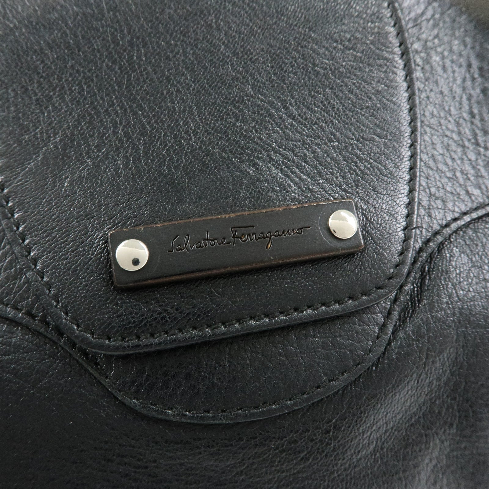 Ferragamo Gancini Leather Wood Shoulder Bag Hand Bag Black Brown