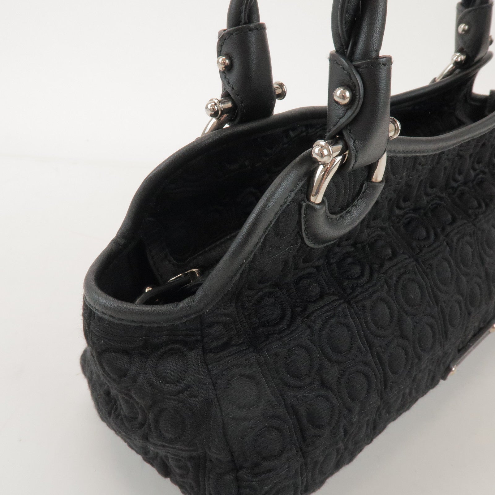 Ferragamo Gancini Canvas Leather Hand Bag Shoulder Bag Black