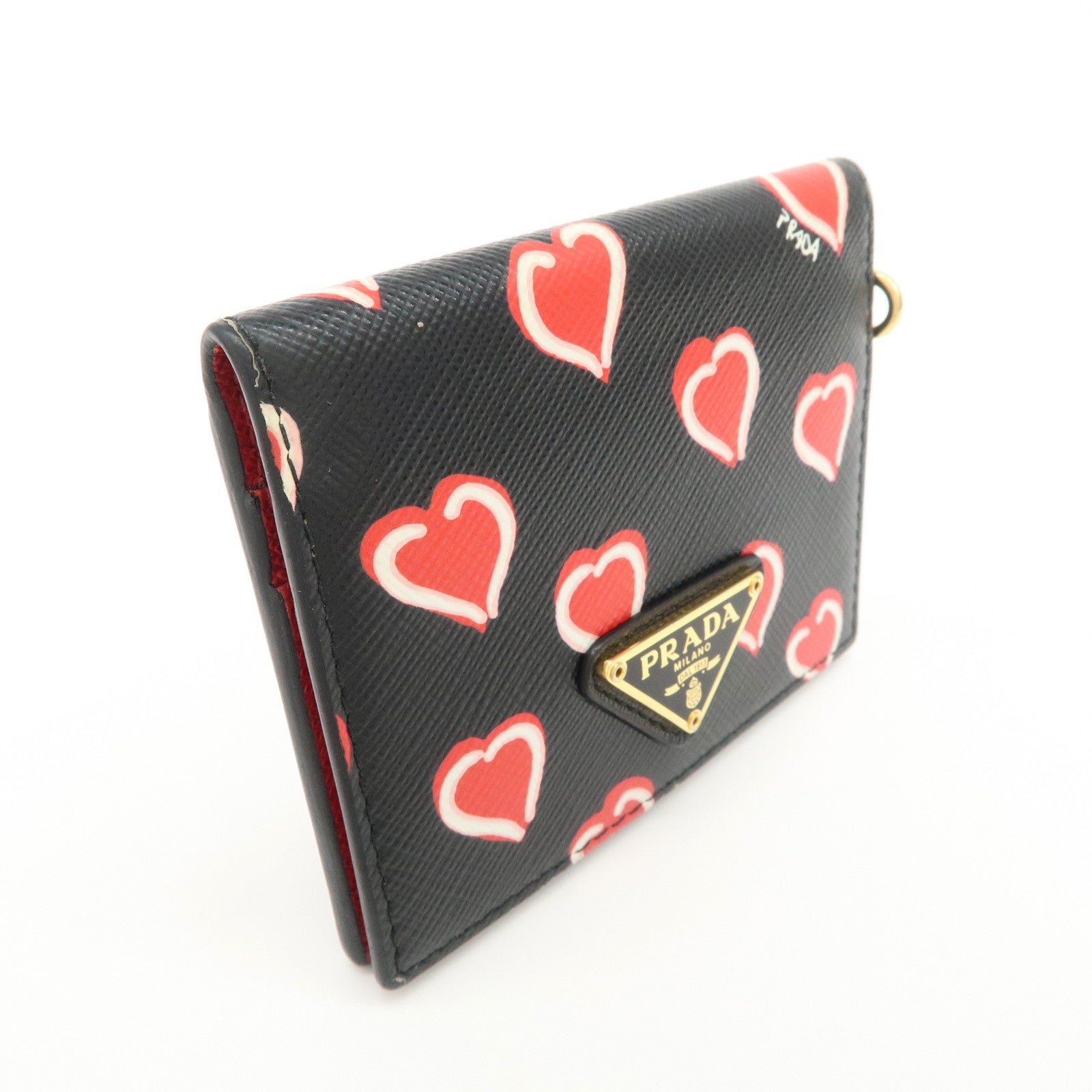 PRADA Saffiano Leather Heart Card Case Pass Case Black Red 1MC006