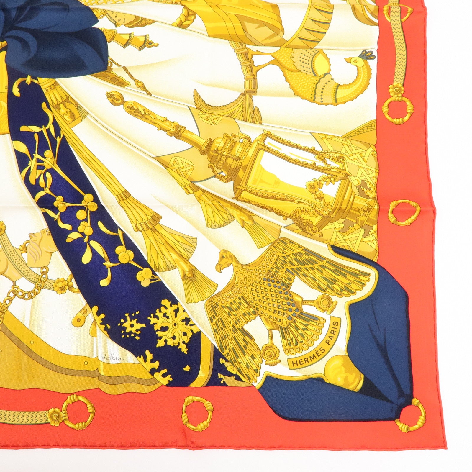 HERMES Carre 90 Silk 100% Soleil de Soie Scarf Gold Navy Red