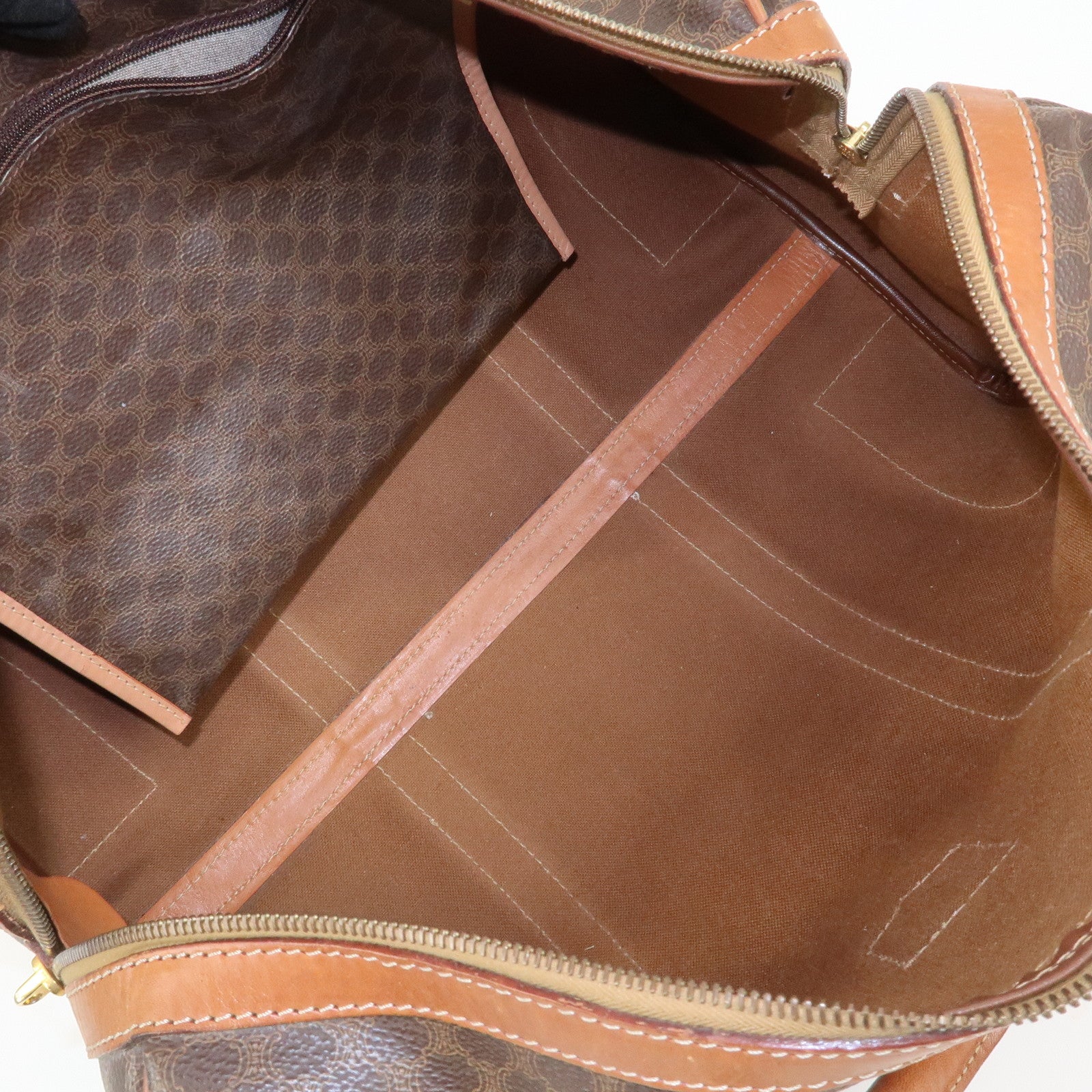 CELINE Macadam PVC Canvas Leather Boston Bag Hand Bag Brown