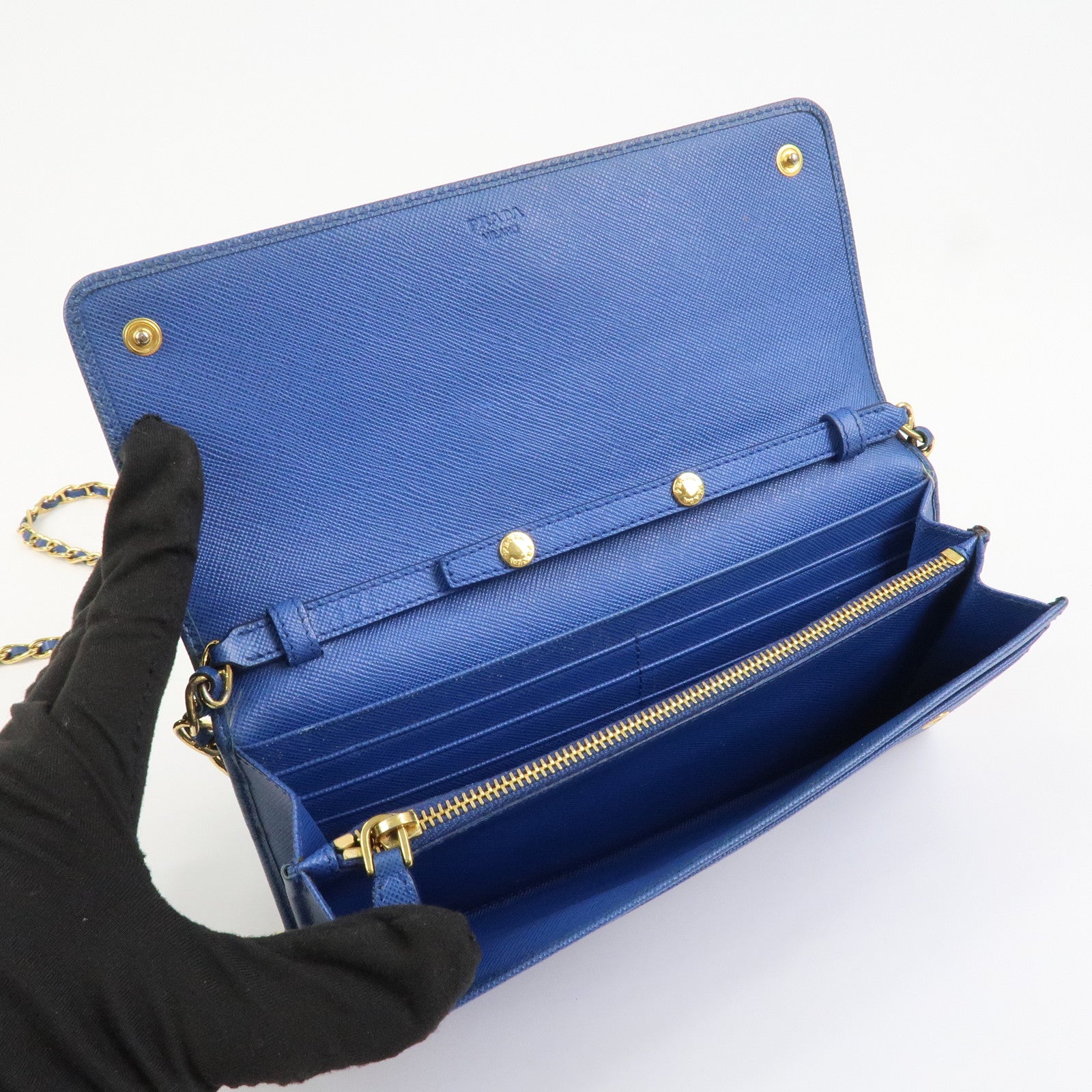 PRADA Logo Saffiano Leather Chain Shoulder Wallet WOC Blue 1M1290