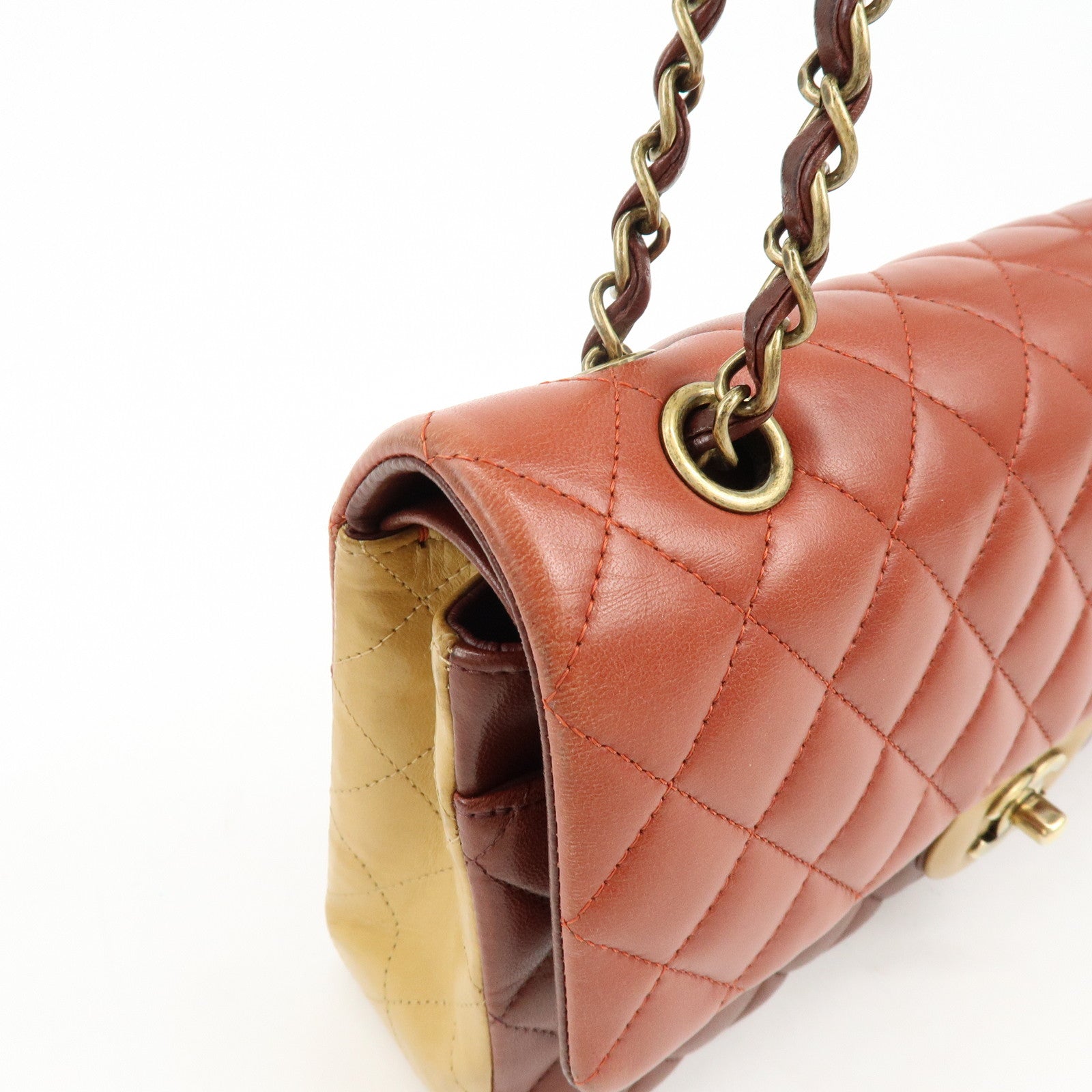 CHANEL Matelasse 25 Double Flap Chain Shoulder Bag Red Brown A01112