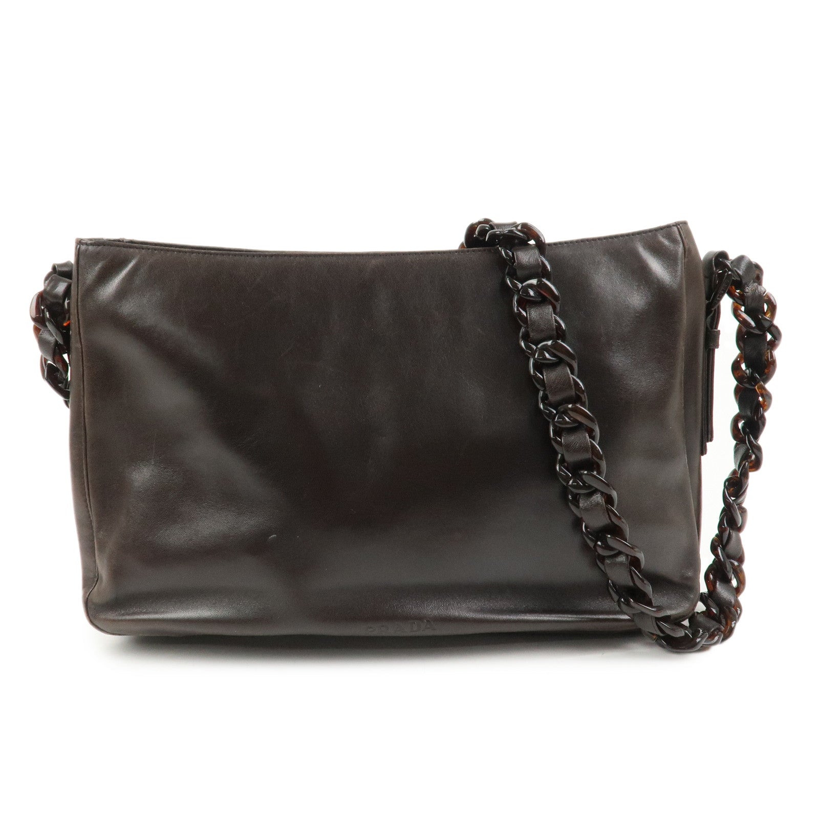 PRADA Logo Suede Leather Plastic Chain Shoulder Bag Brown