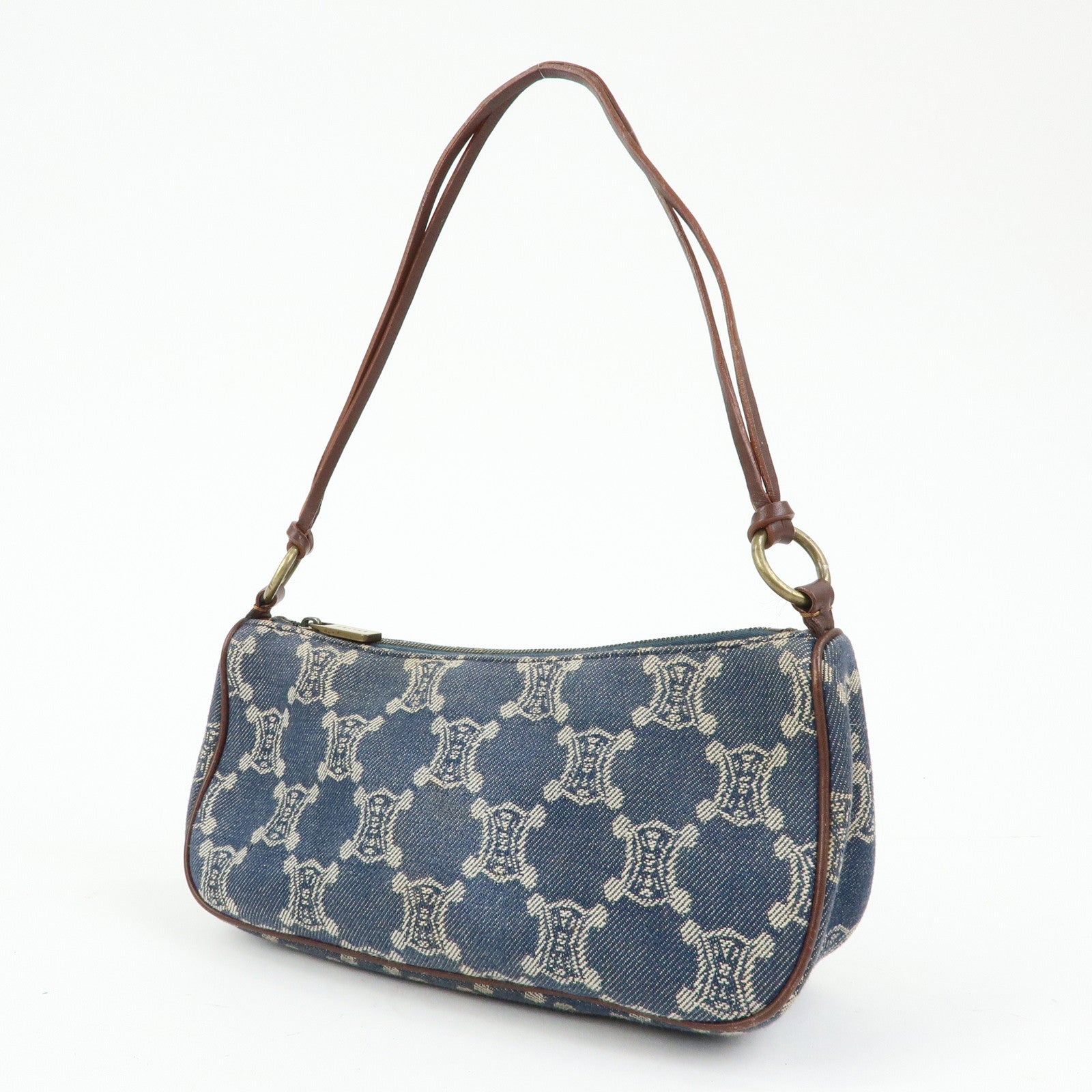 CELINE Macadam Denim Leather Shoulder Hand Bag Indigo Blue Brown