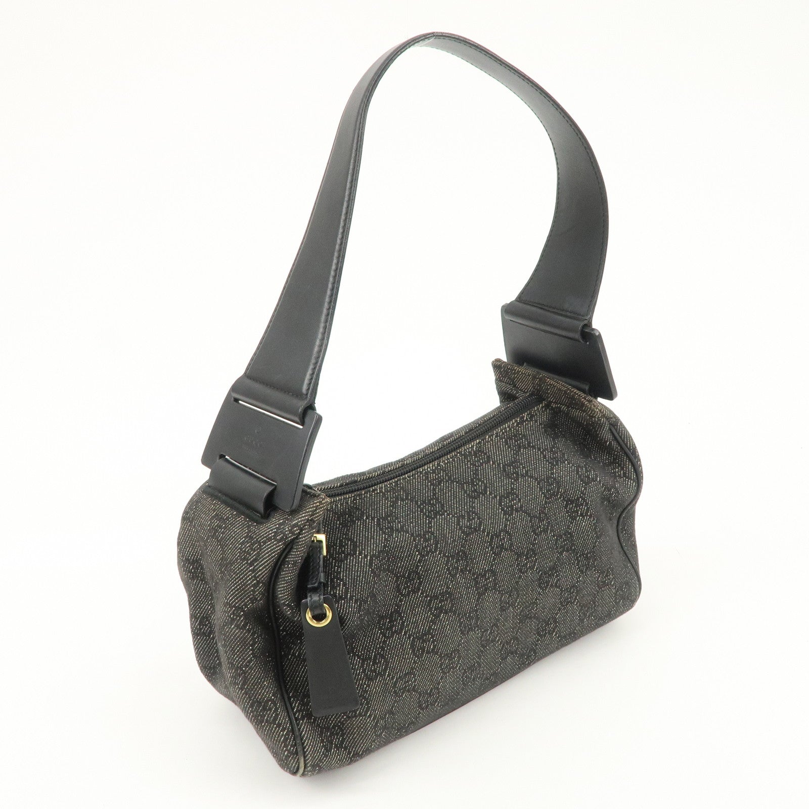 GUCCI GG Canvas Leather Shoulder Bag Hand Bag Black 92699 Used