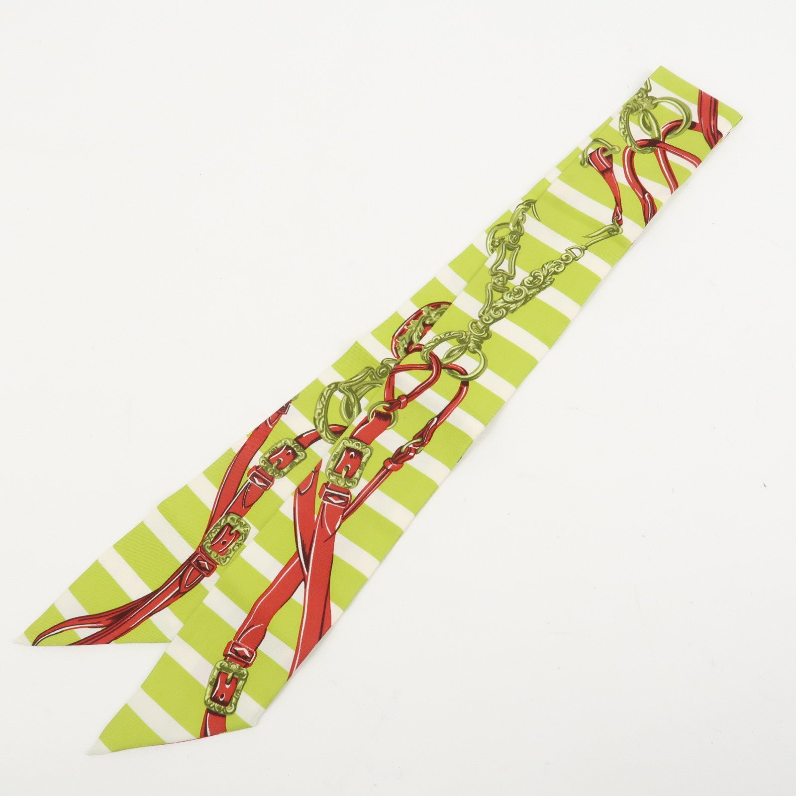 HERMES Twilly Silk 100% Scarf BRIDES de GALA Light Green Red
