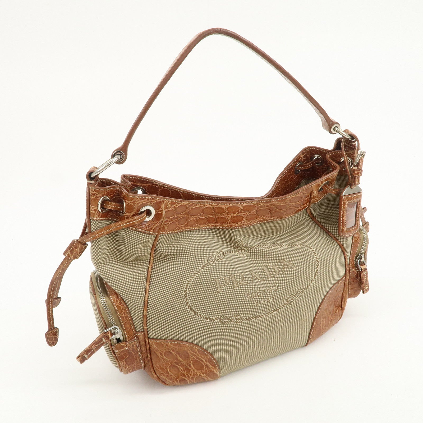 PRADA Logo Jacquard Canvas Embossed Leather Shoulder Bag BR34333