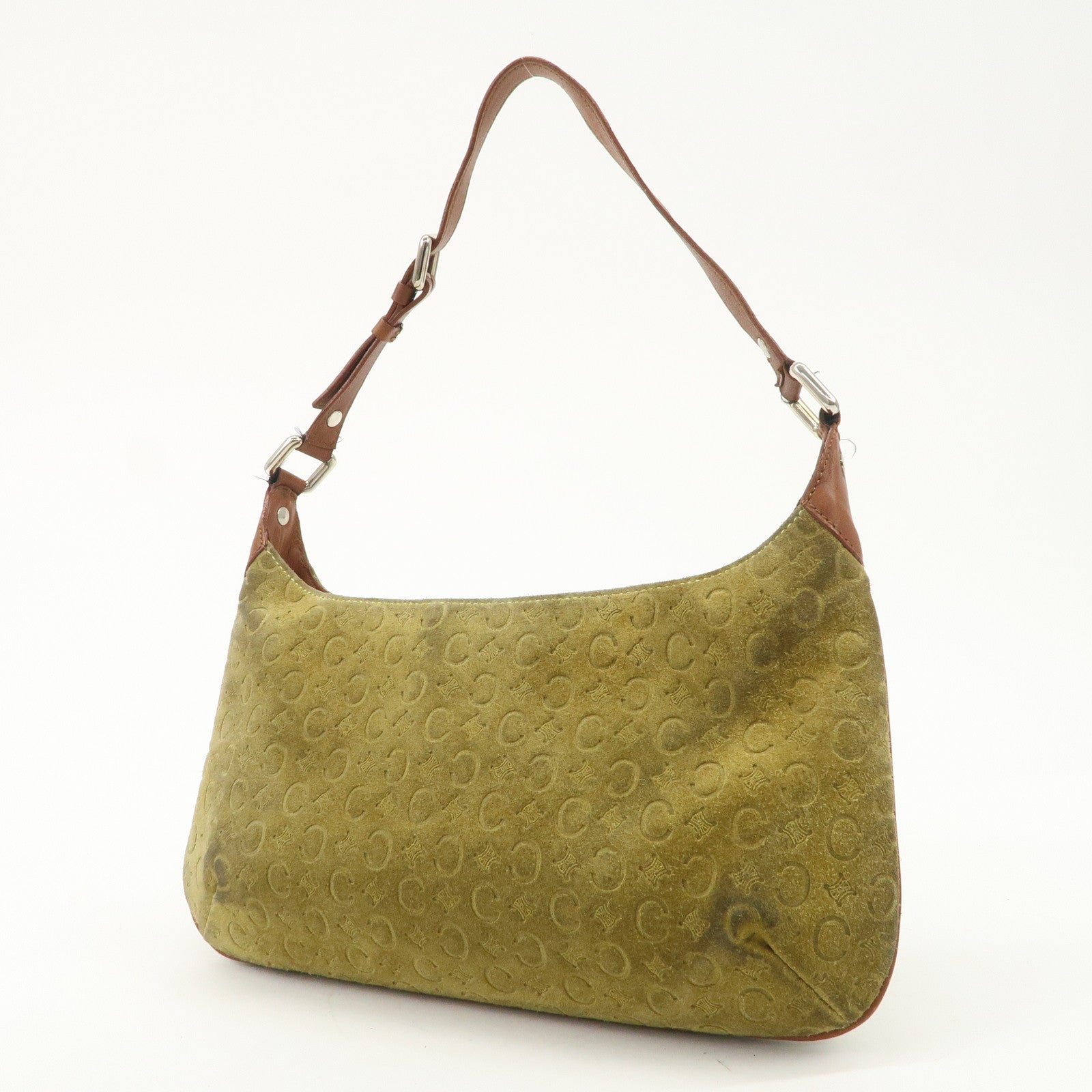 CELINE C Macadam Suede Leather Shoulder Bag Hand Bag Green Brown