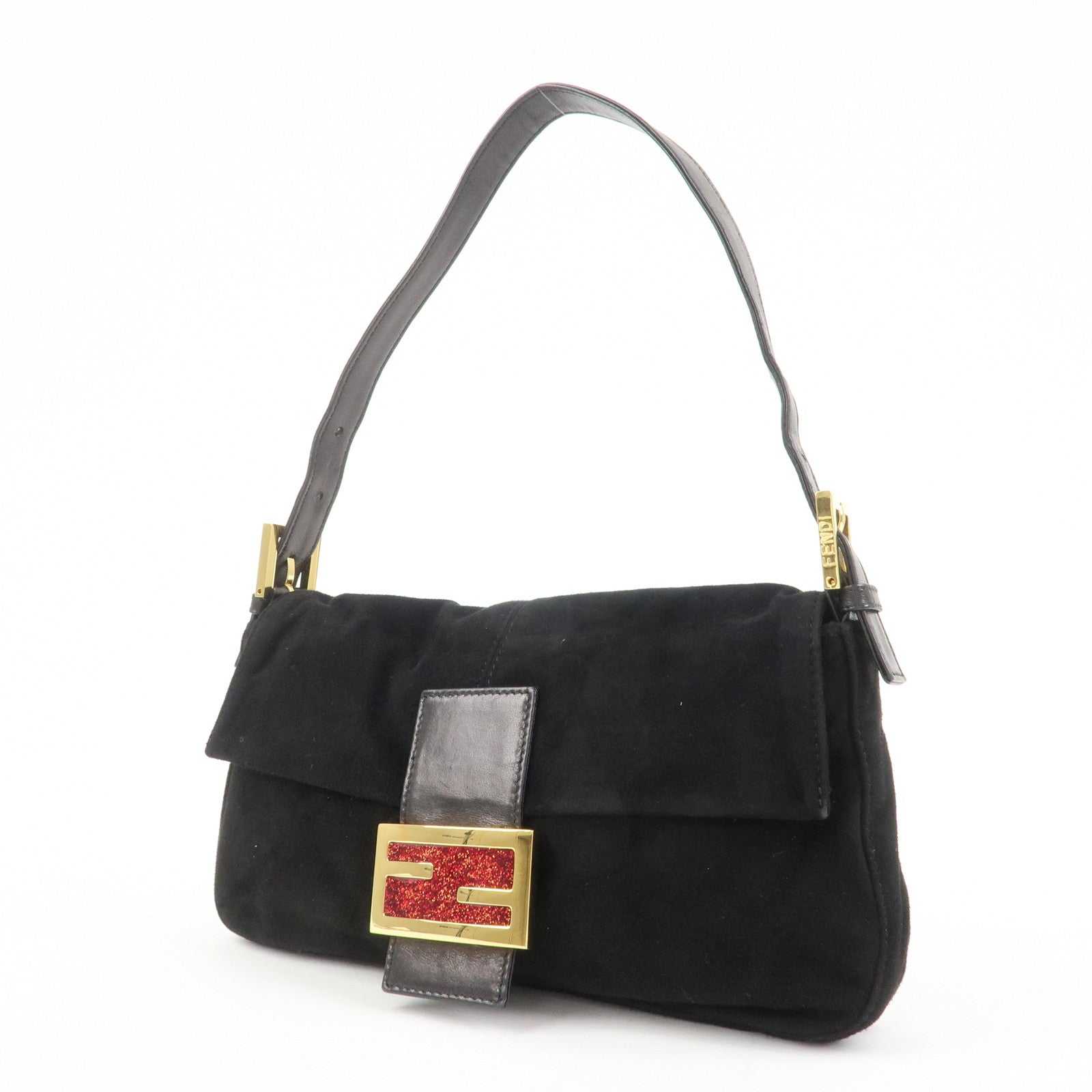 FENDI Mamma Baguette Suede Leather Shoulder Bag Black 26424