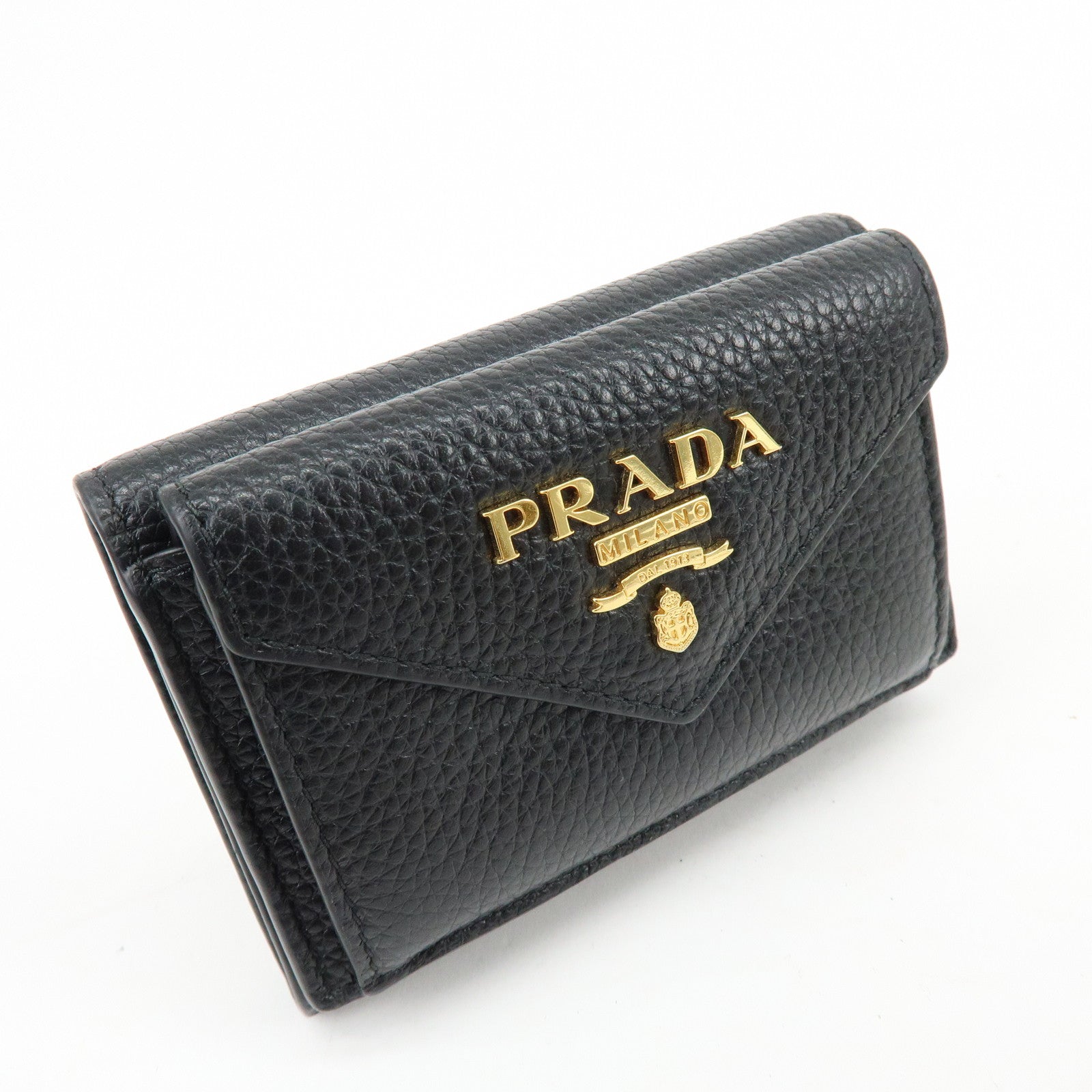 PRADA Logo Saffiano Leather Tri-fold Compact Wallet Black 1MH021