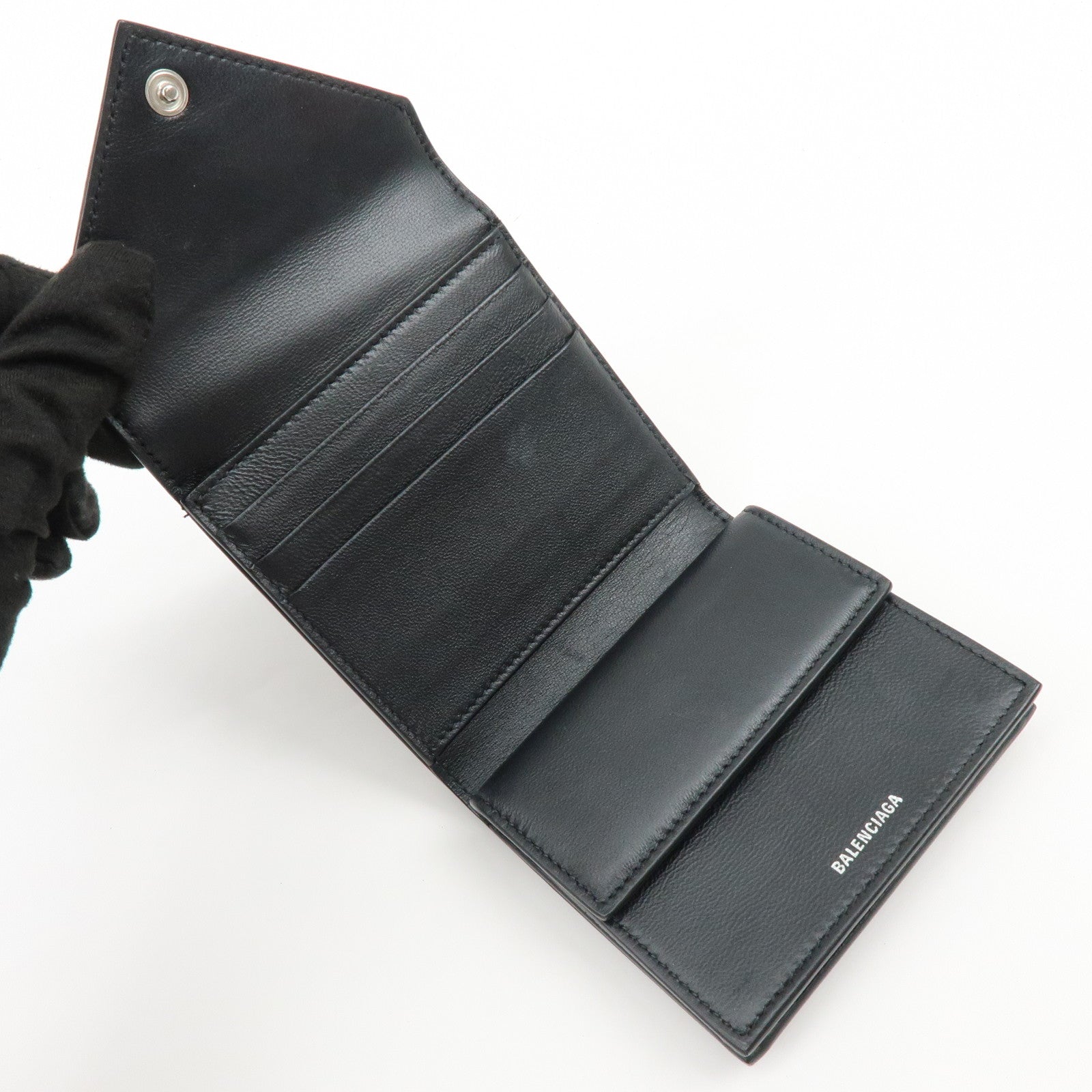 BALENCIAGA Logo Leather Bi-fold Compact Flap Wallet Black 637450