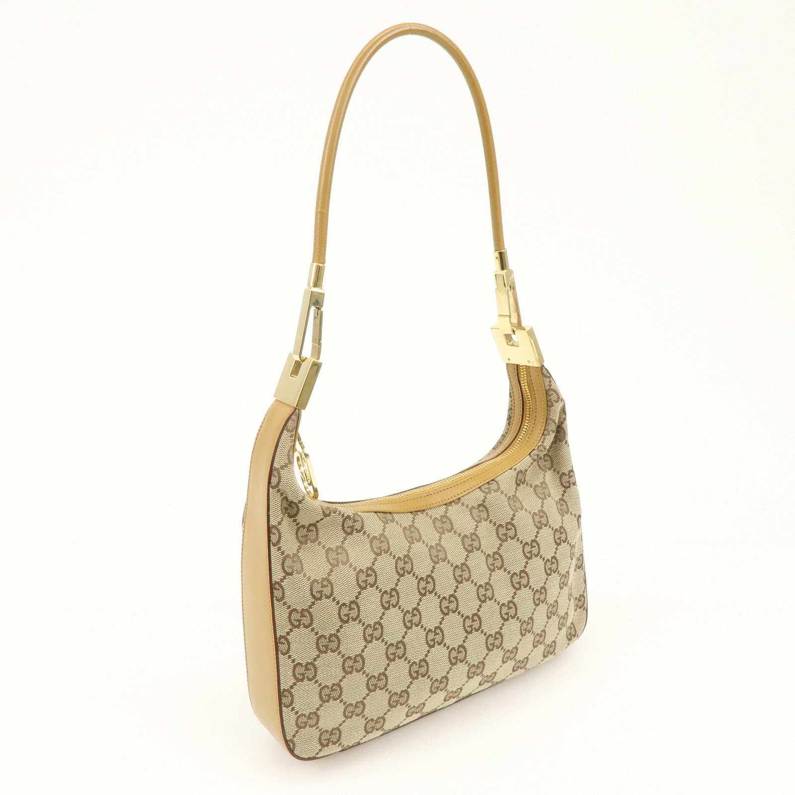 GUCCI GG Canvas Leather Shoulder Bag Beige Camel  001・3812・002122