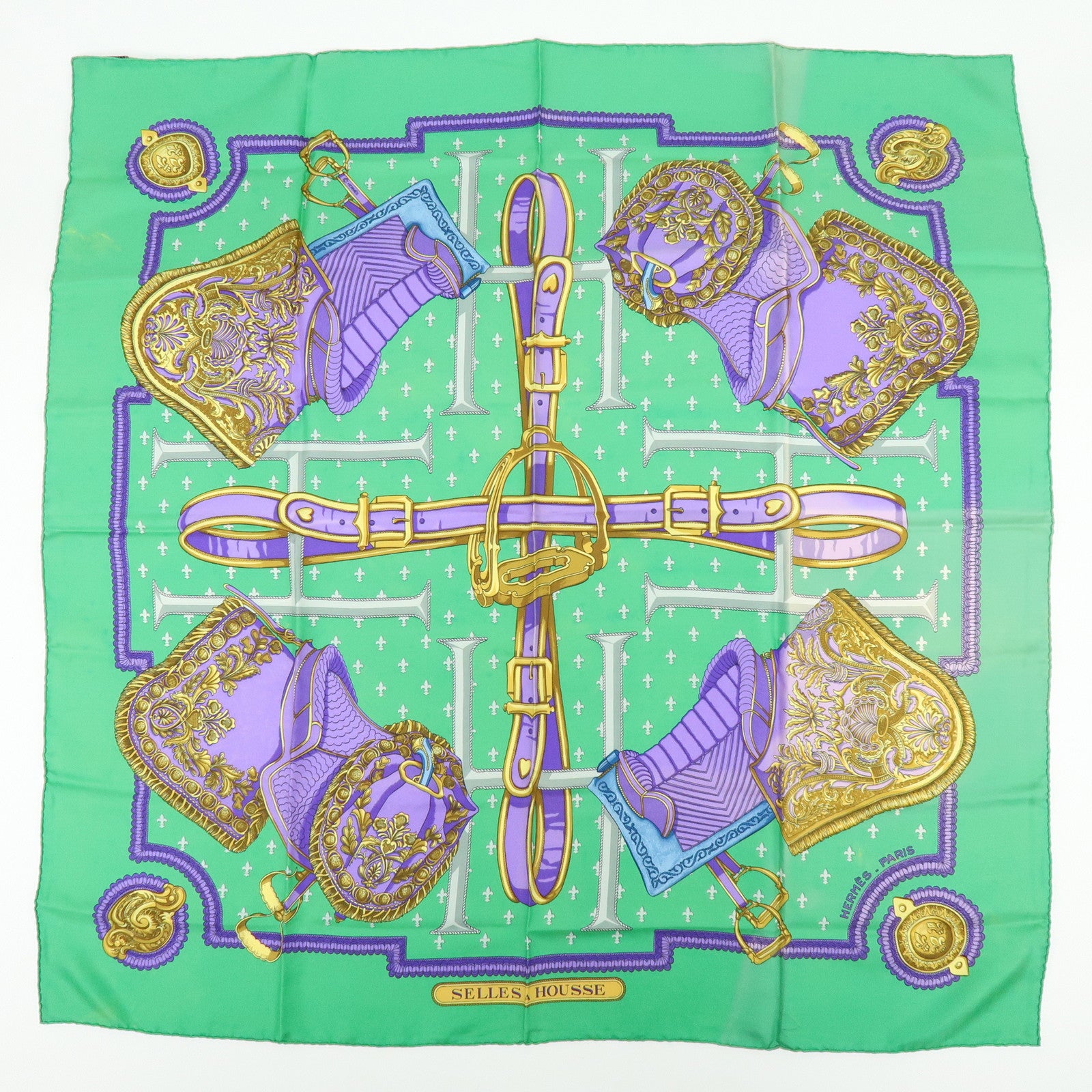 HERMES Carre 90 Set of 2 Silk 100% Scarf Navy Ivory Green Purple
