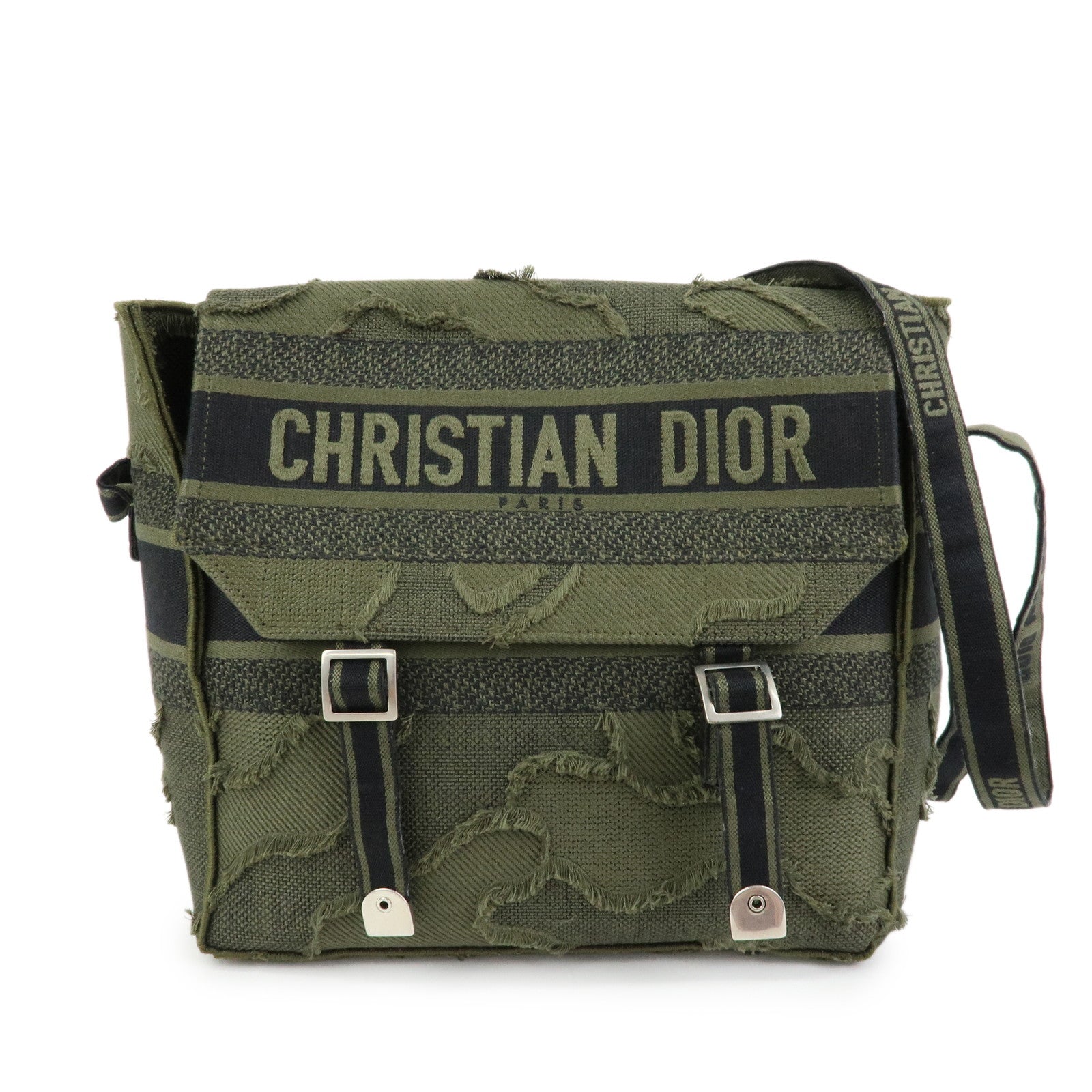 Christian Dior Dior Camp Cotton Canvas Shoulder Bag Khaki Black