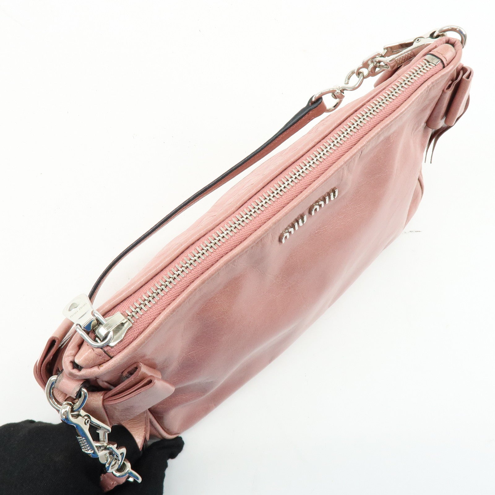 MIU MIU Side Ribbon Leather Shoulder Bag Hand Bag Pink RR1892